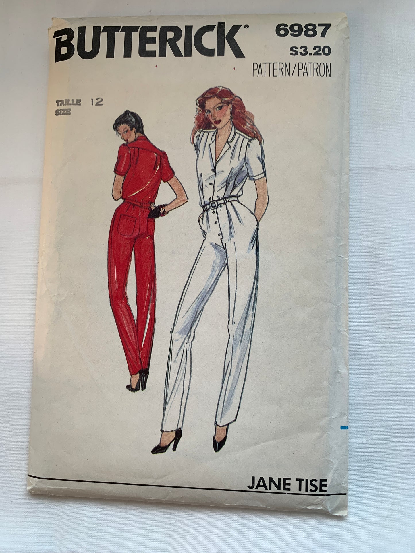 Butterick Sewing Pattern 6987 Misses' Jumpsuit, Loose-Fitting, Pockets, Straight Leg, Belt, Size 12, Uncut, Vintage 1980