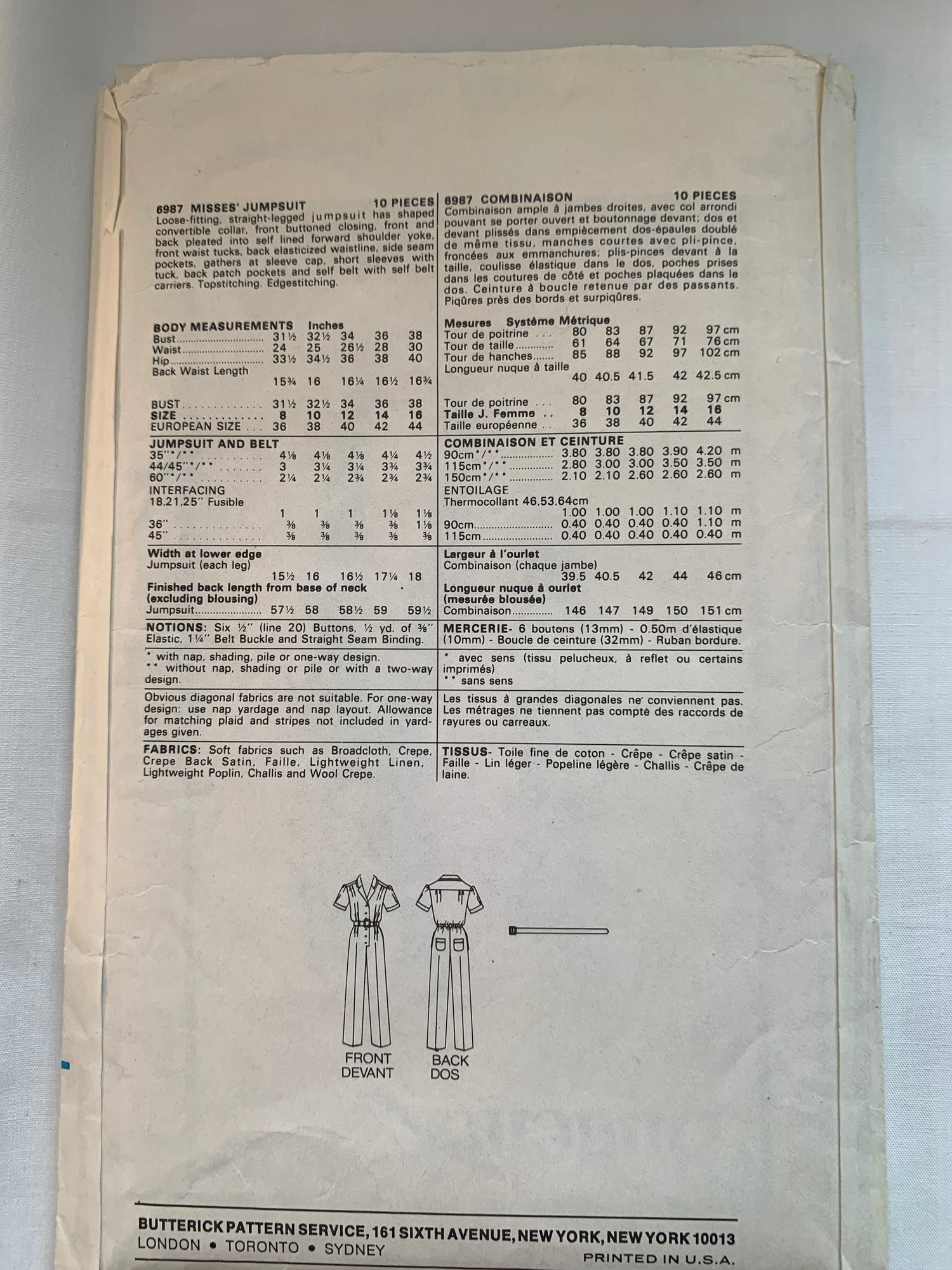 Butterick Sewing Pattern 6987 Misses' Jumpsuit, Loose-Fitting, Pockets, Straight Leg, Belt, Size 12, Uncut, Vintage 1980