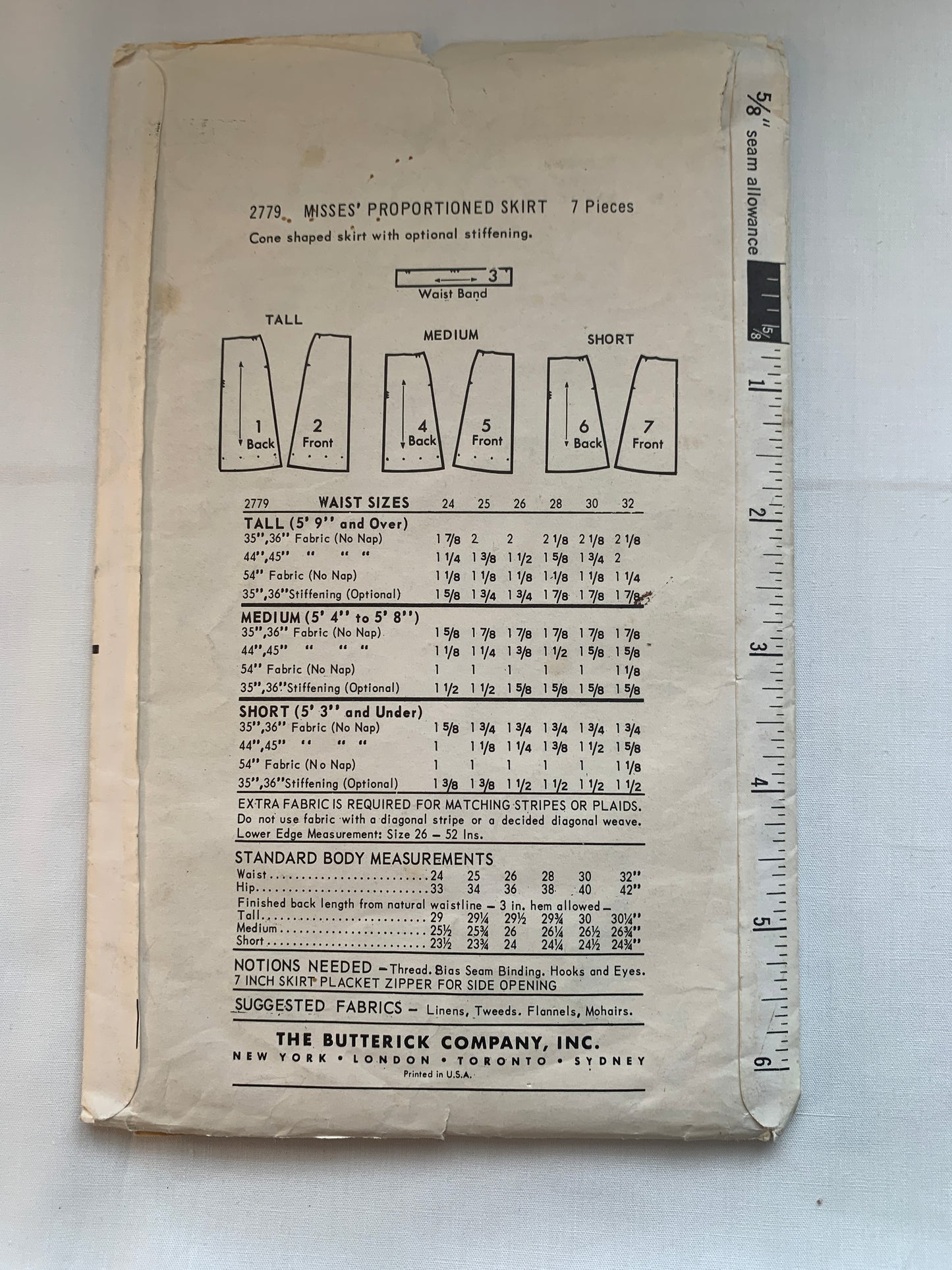 Butterick Sewing Pattern 2779 Misses' Skirt, Cone Shape, Side/Back Zipper, Waist 26, Uncut, Vintage 1960