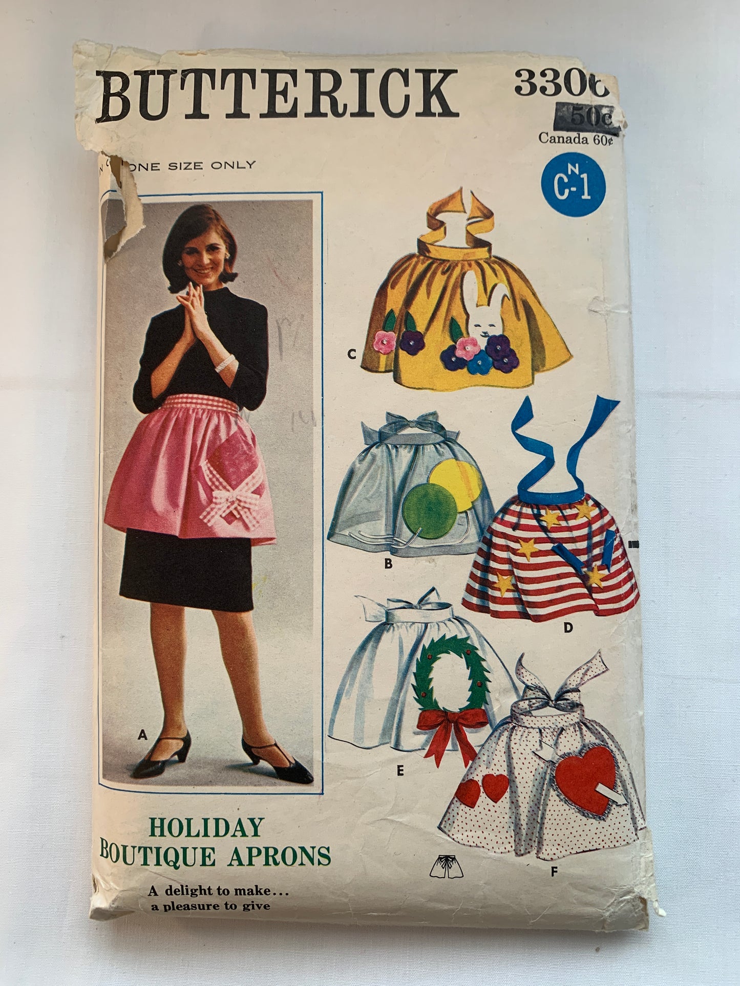 Butterick Sewing Pattern 4636 Misses' Aprons, Pockets, Tie Back, Seasonal, One Size, Uncut, Vintage 1965