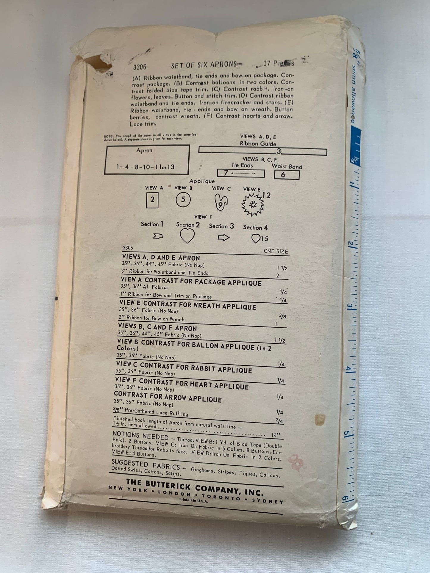 Butterick Sewing Pattern 4636 Misses' Aprons, Pockets, Tie Back, Seasonal, One Size, Uncut, Vintage 1965