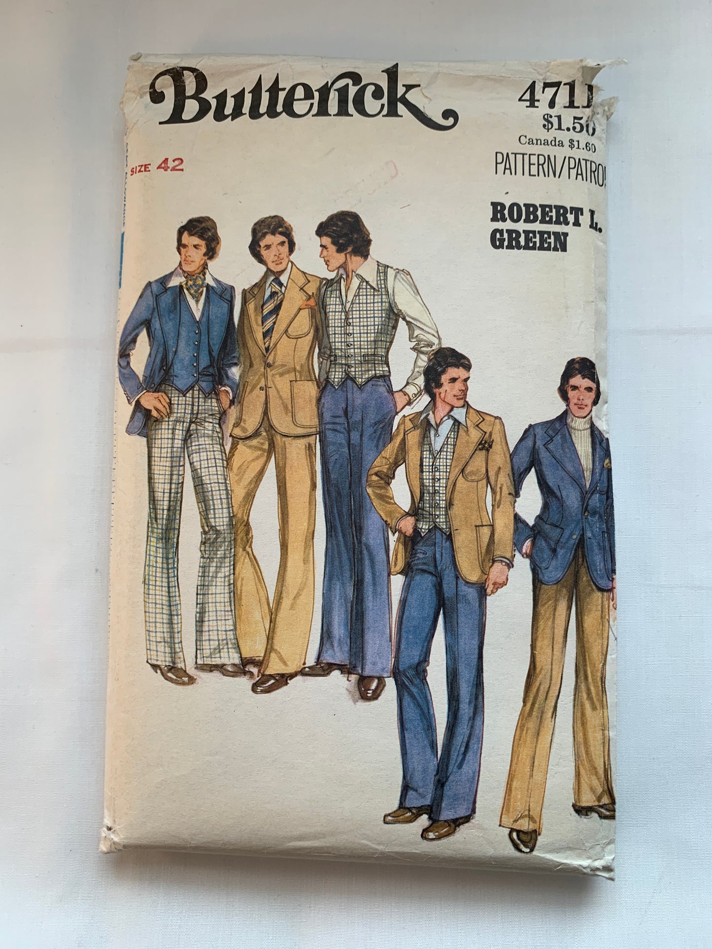 Butterick Sewing Pattern 4711 Men's Jacket, Pants, Vest, Collar, Pockets, Straight Legged, Size 42, Uncut, Vintage 1977