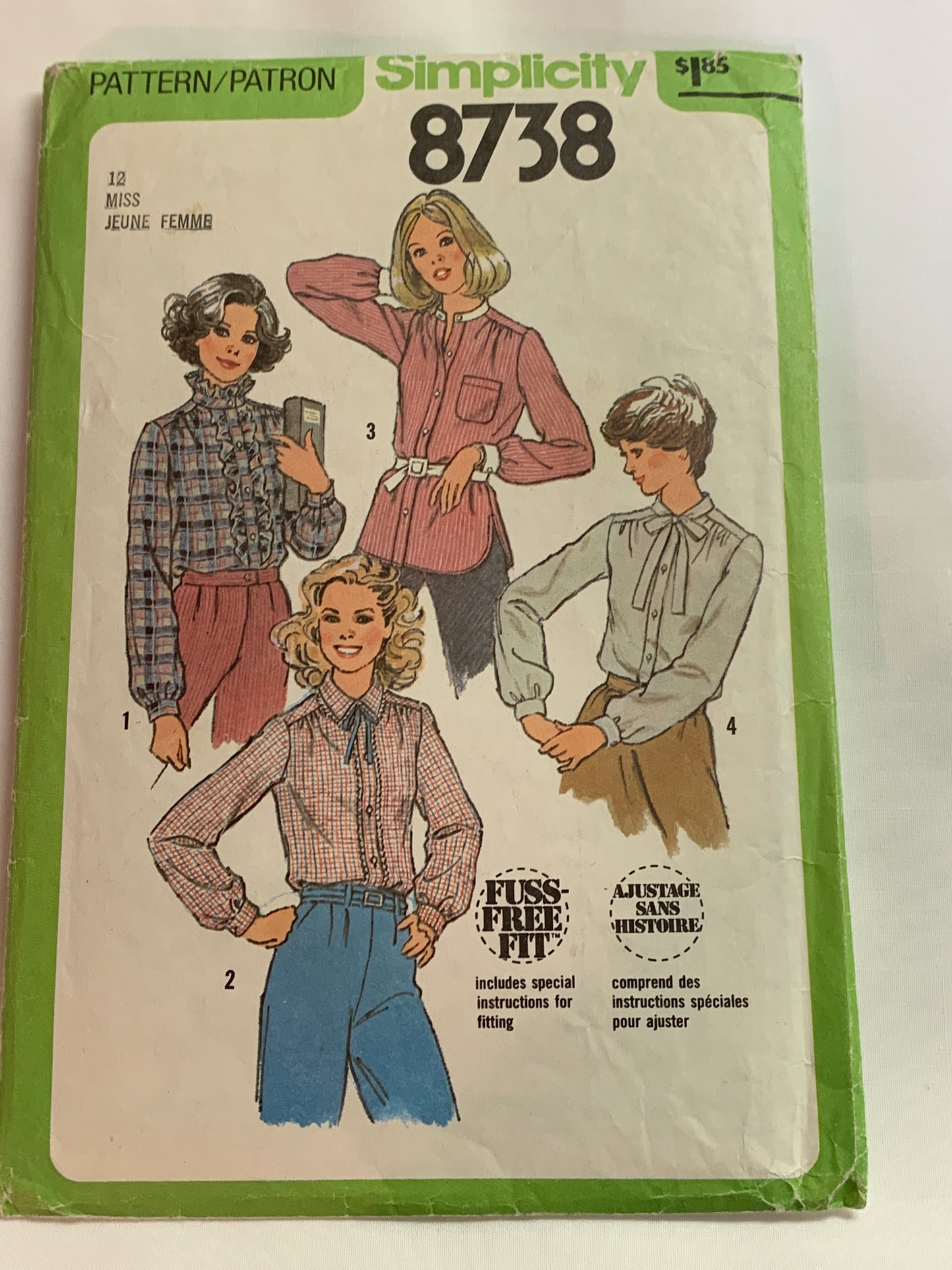 Simplicity Sewing Pattern 8738 Misses' Blouses, Shirts, Button Front, Long Sleeves, Collar, 4 Variations, Size 12, Cut, Vintage 1978