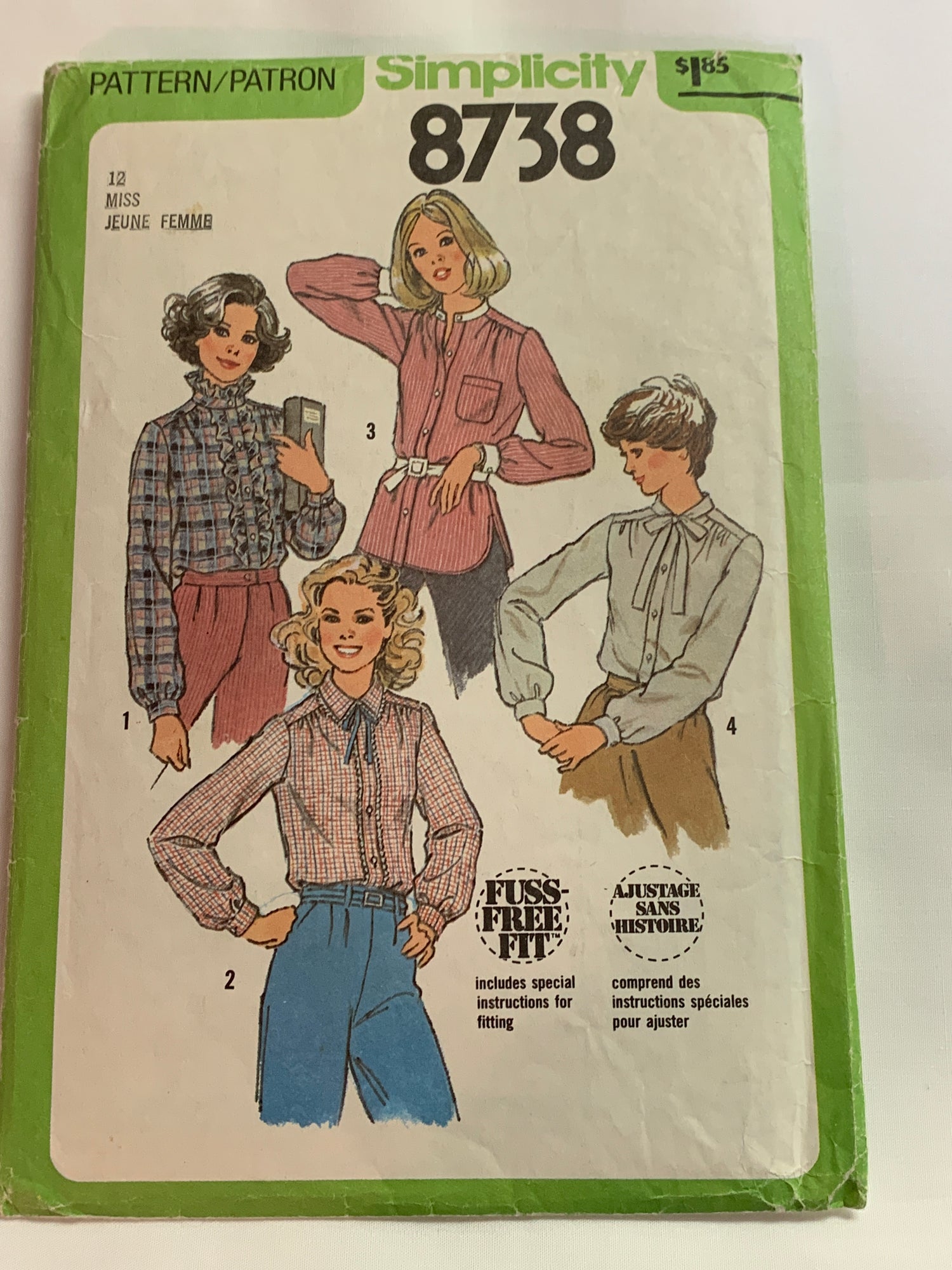 Simplicity Sewing Pattern 8738 Misses' Blouses, Shirts, Button Front, Long Sleeves, Collar, 4 Variations, Size 12, Cut, Vintage 1978