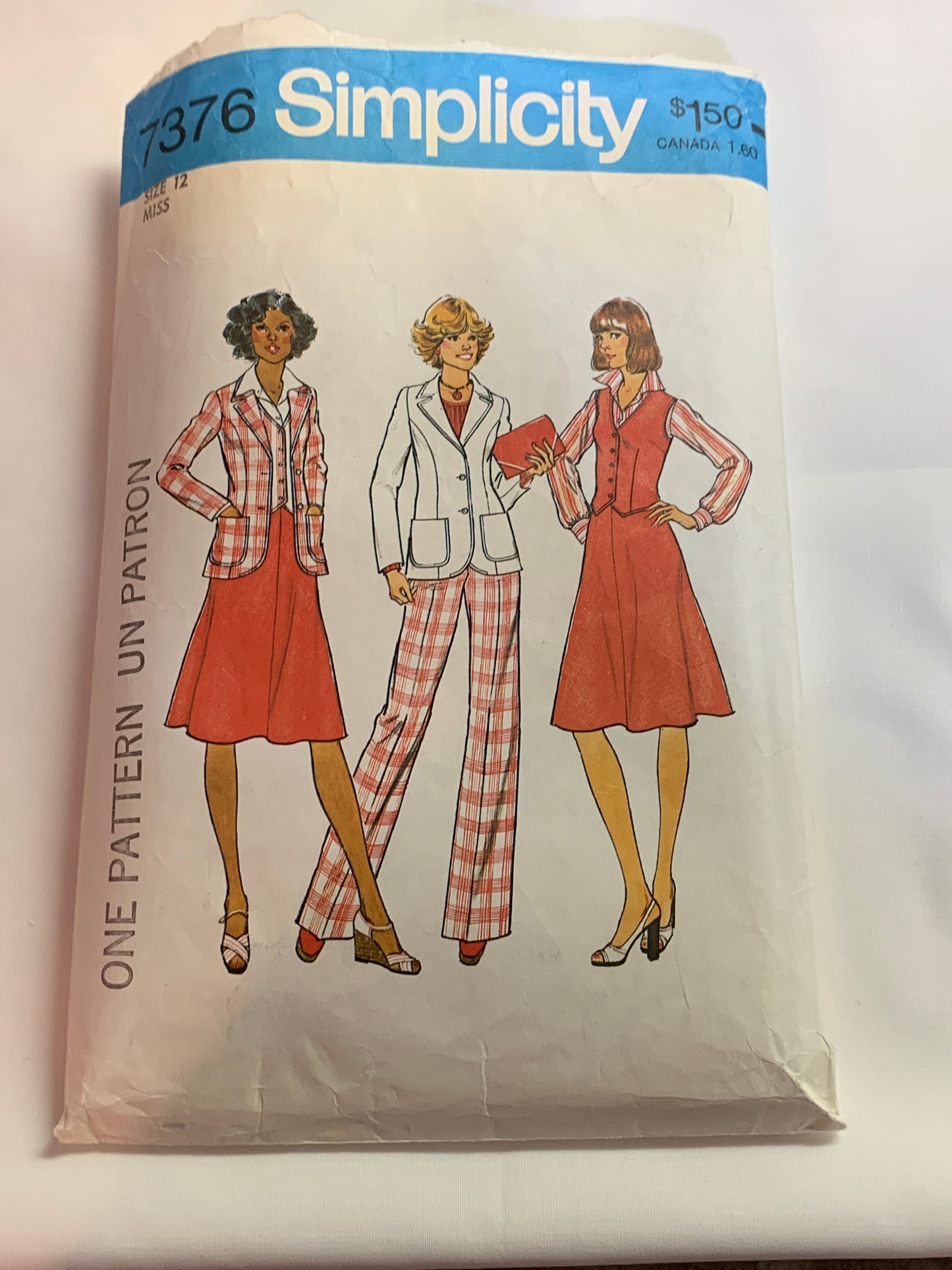 Simplicity Sewing Pattern 7376 Misses' Inlined Jacket, Vest, Skirt, Pants, Zipper Back, Princess Seams, Size 12, Cut, 1976