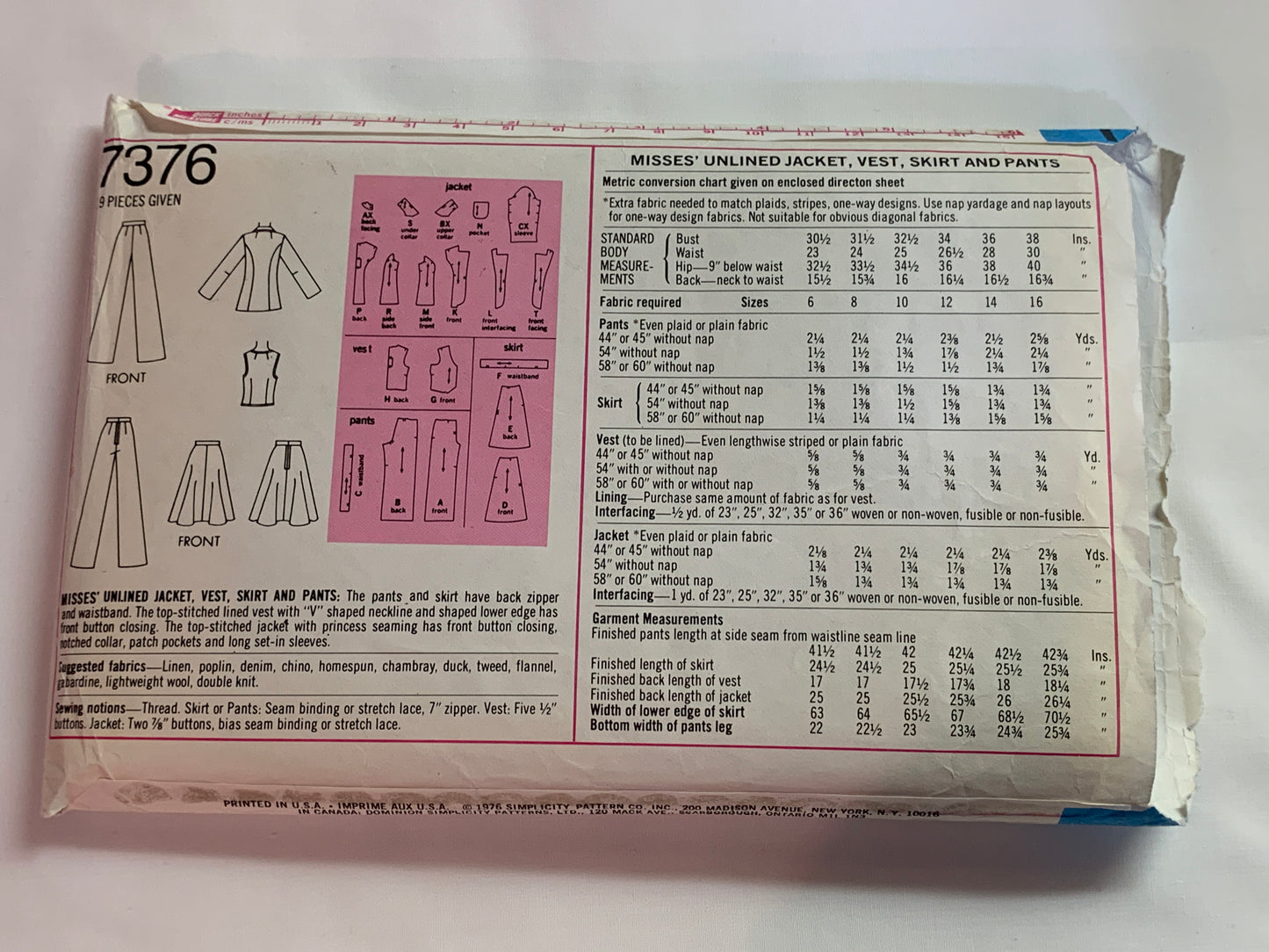 Simplicity Sewing Pattern 7376 Misses' Inlined Jacket, Vest, Skirt, Pants, Zipper Back, Princess Seams, Size 12, Cut, 1976