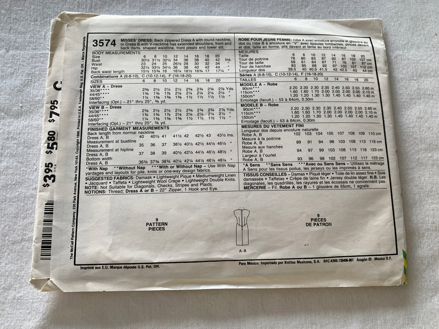 McCall's Sewing Pattern 3574 Misses' Dress, Sleeveless, Zipper Back, Pleats, Size 10-14, Uncut, Vintage 1988