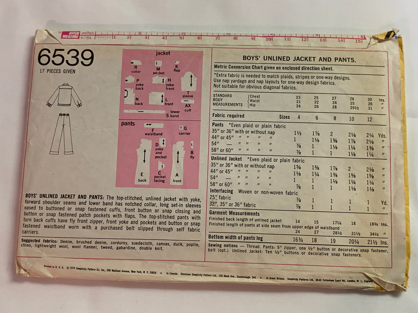 Simplicity Sewing Pattern 6539 Boys' Unlined Jacket, Pants, Pockets, Zipper Front, Button Front, Size 8, Cut, Vintage 1974