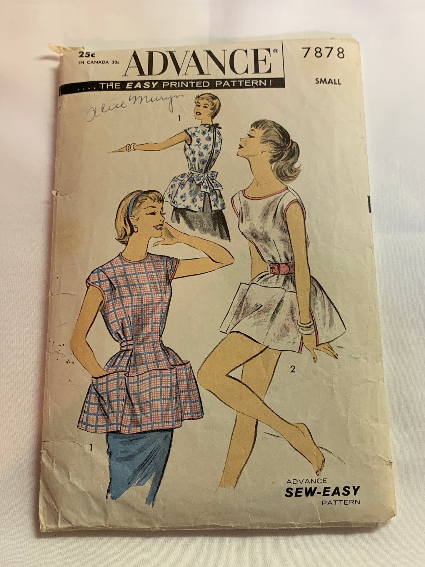 Advance Sewing Pattern 7878 Misses' Cobbler Aprons, Pockets, Tie Back,Size 10-12, Cut, Vintage 1958