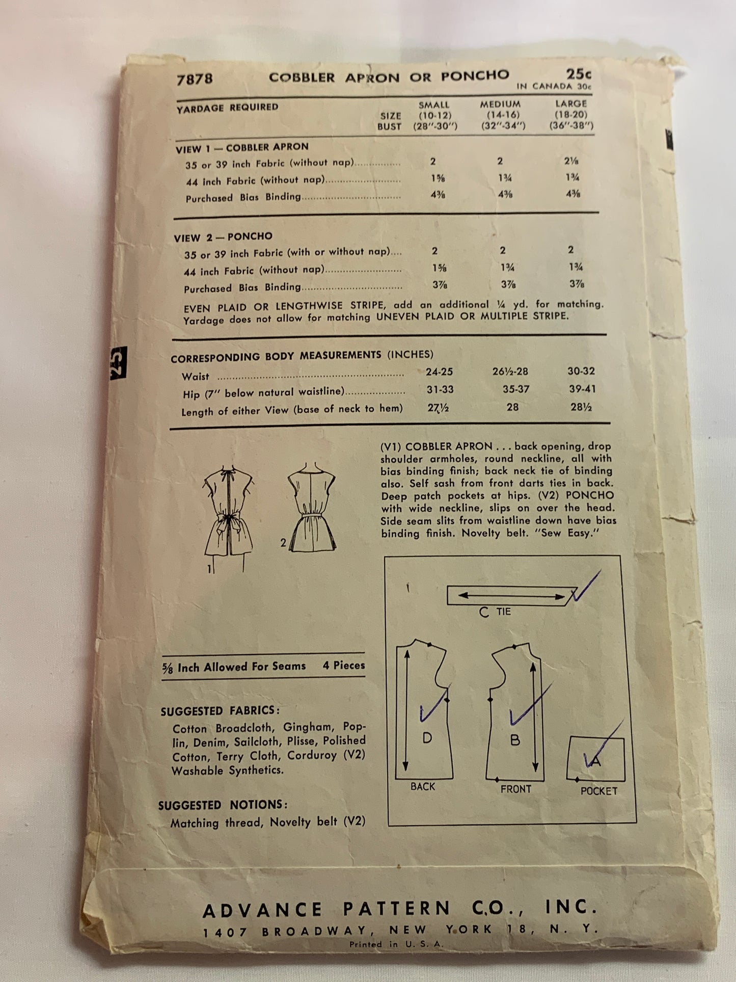 Advance Sewing Pattern 7878 Misses' Cobbler Aprons, Pockets, Tie Back,Size 10-12, Cut, Vintage 1958