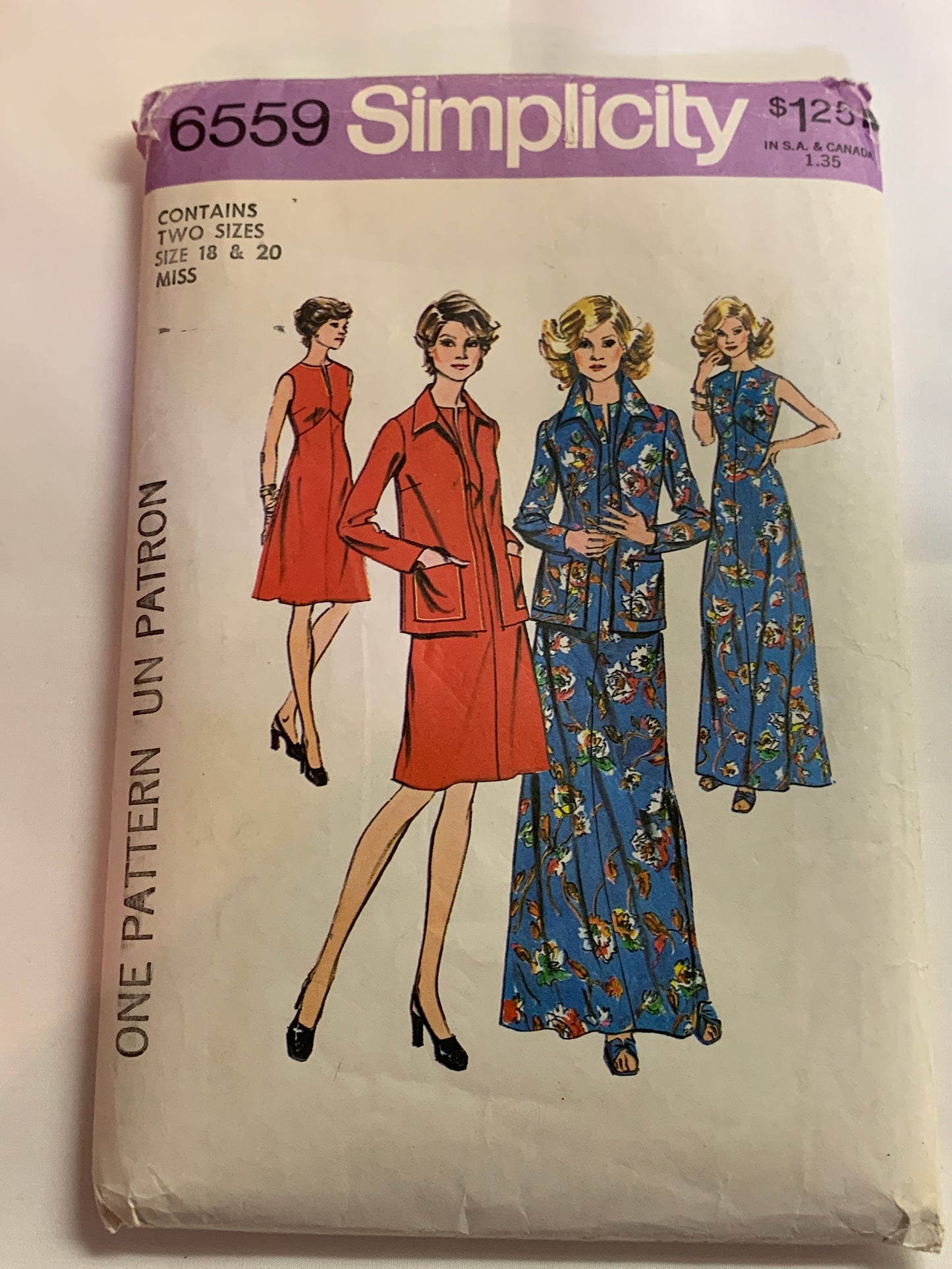 Simplicity Sewing Pattern 6559 Misses' Dress, Two Lengths, Jacket, Zipper Back, Size 18-20, Uncut, Vintage 1974