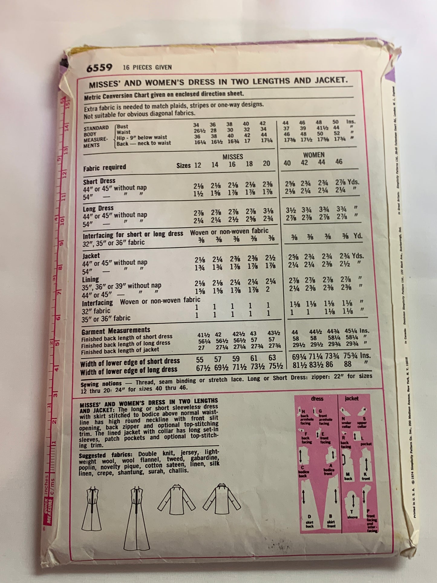 Simplicity Sewing Pattern 6559 Misses' Dress, Two Lengths, Jacket, Zipper Back, Size 18-20, Uncut, Vintage 1974