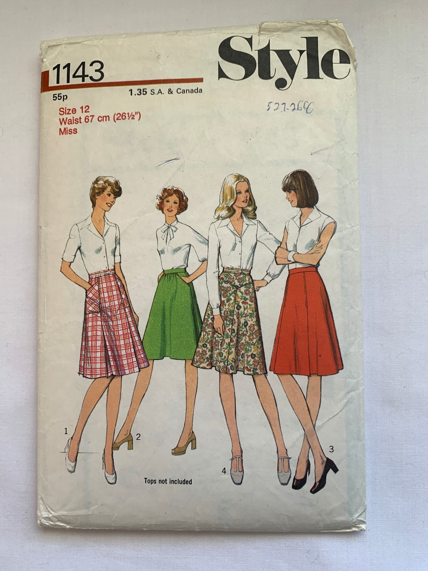 Style Sewing Pattern 1143 Misses' Skirt,4 Variations, Zipper Back, Pockets, Size 12, Cut, Vintage 1975