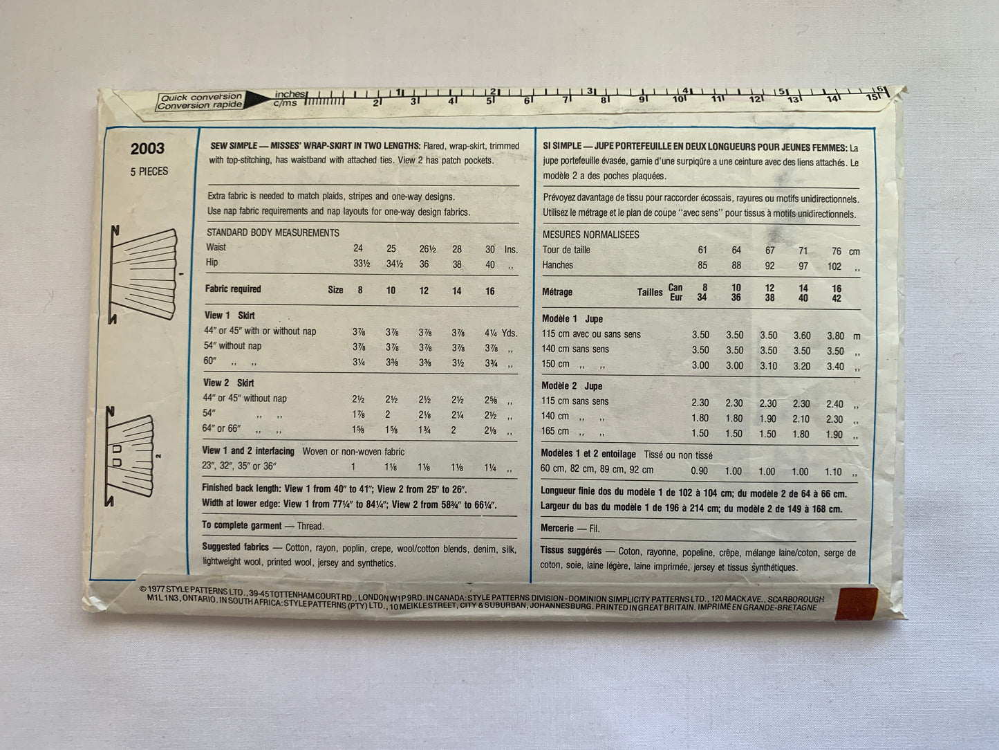 Style Sewing Pattern 2003 Misses' Wrap Skirt, Two Lengths, Pockets, Ties, Size, Cut, Vintage 1977