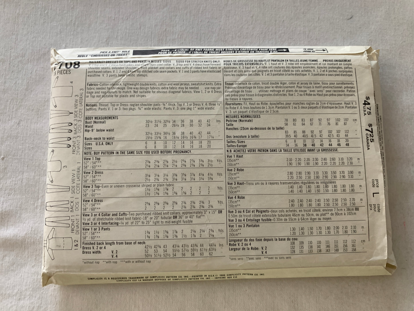 Simplicity Sewing Pattern 7708 Misses' Maternity Dress, Tops, Stirrups Pants, Two Lengths, Loose-Fitting, Stretch Knits, Size 10-24, Uncut, Vintage 1986