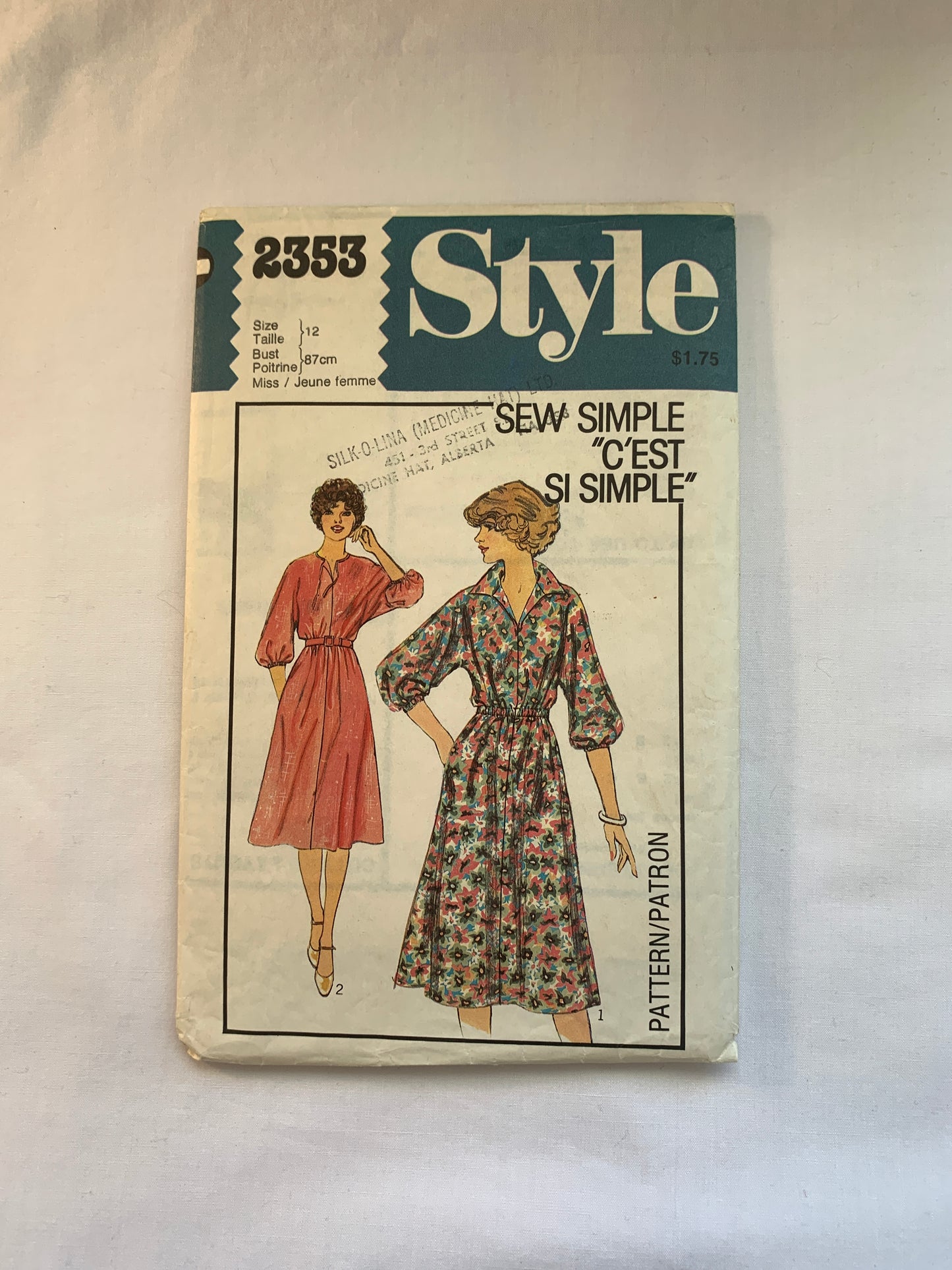 Style Sewing Pattern 2353 Misses' Dress, Pullover, Pockets, Elastic Waist, 2 Variations, Size 12, Cut, Vintage 1978