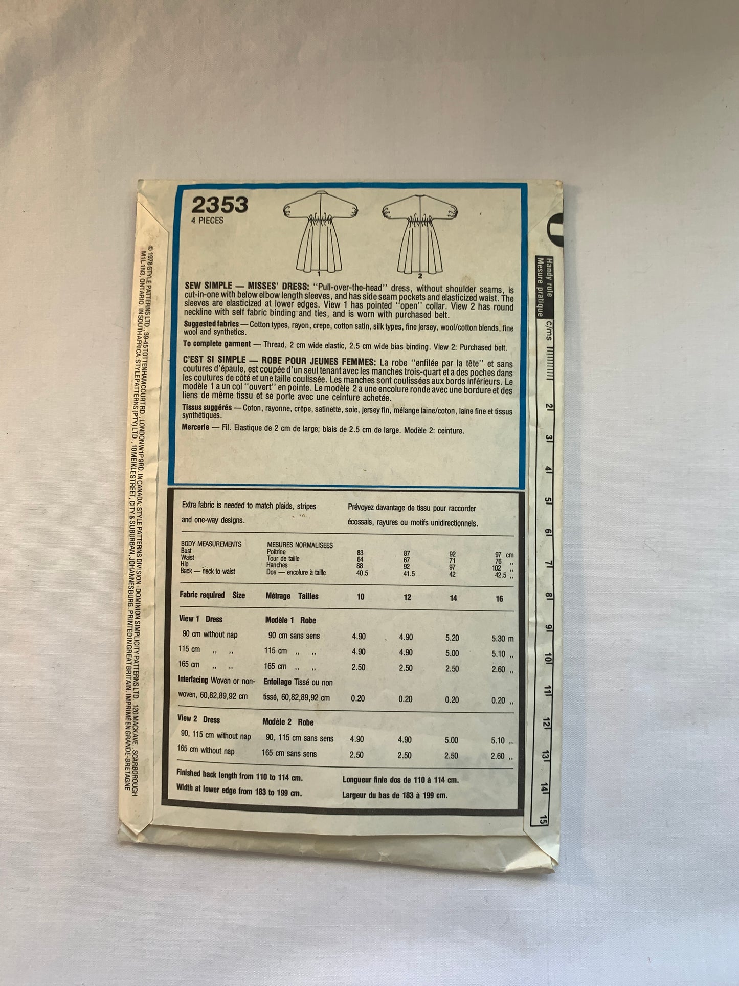 Style Sewing Pattern 2353 Misses' Dress, Pullover, Pockets, Elastic Waist, 2 Variations, Size 12, Cut, Vintage 1978