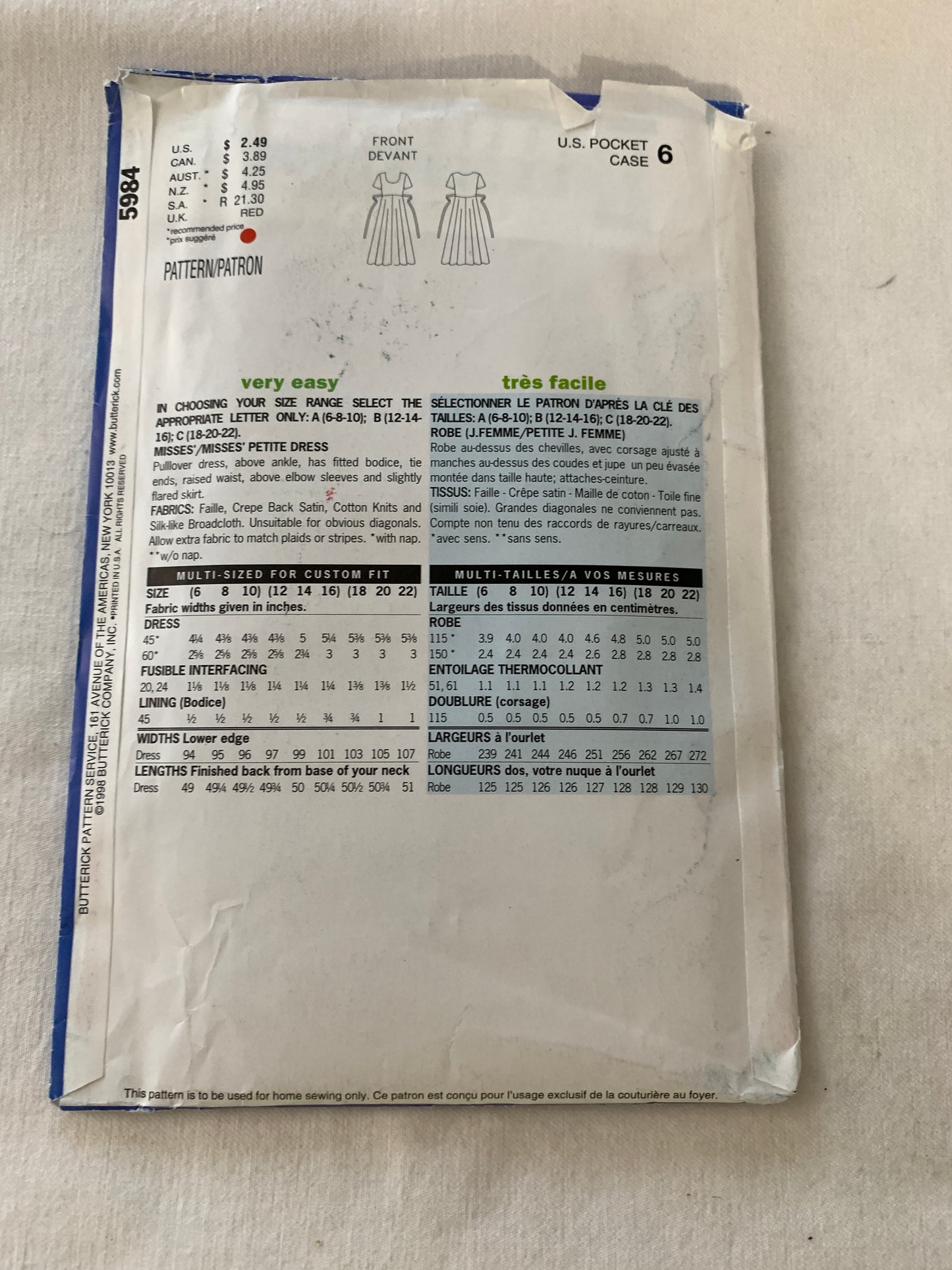Butterick See & Sew Sewing Pattern 5981 Misses'/Misses' Petite Dress, Above Ankle, Pullover, Raised Waist, Size 18-22, Uncut, Vintage 1998
