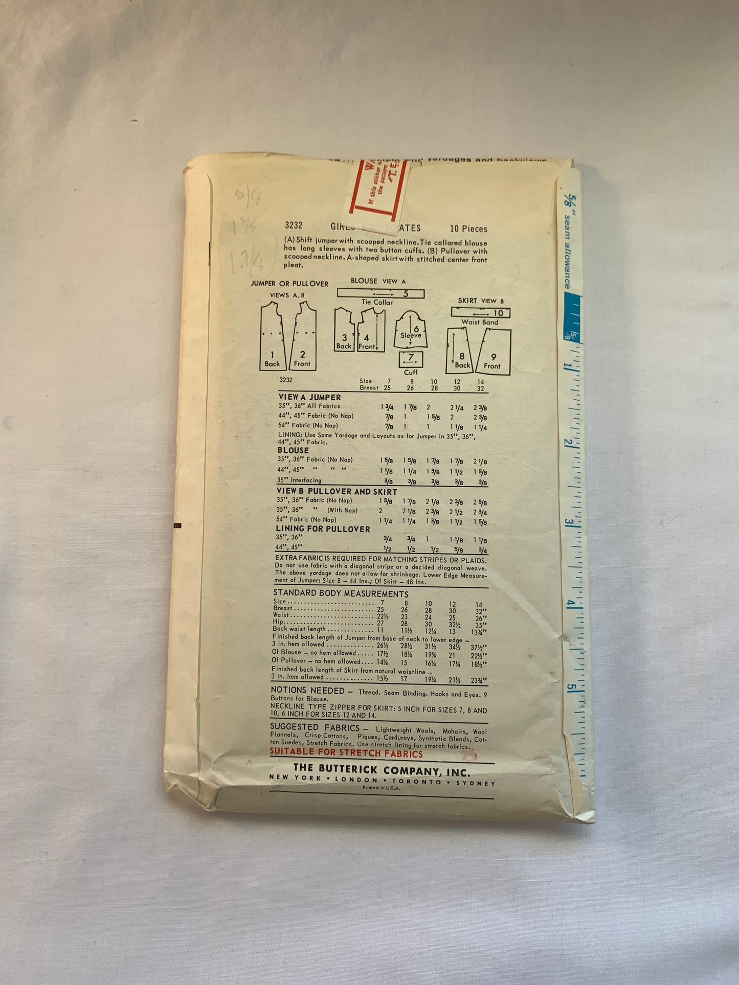Butterick Sewing Pattern 3232 Girls' Dress, Jumper, Shift, Top, Skirt, Long Sleeves, Collar, Zipper Back, Size 8, Cut, Vintage 1960