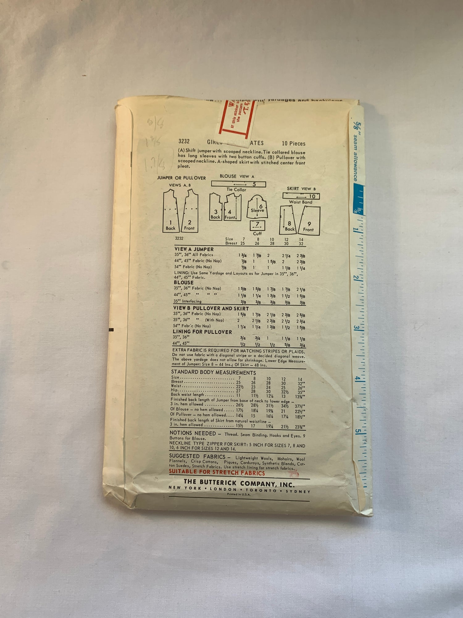 Butterick Sewing Pattern 3232 Girls' Dress, Jumper, Shift, Top, Skirt, Long Sleeves, Collar,  Zipper Back, Size 8, Cut, Vintage 1960