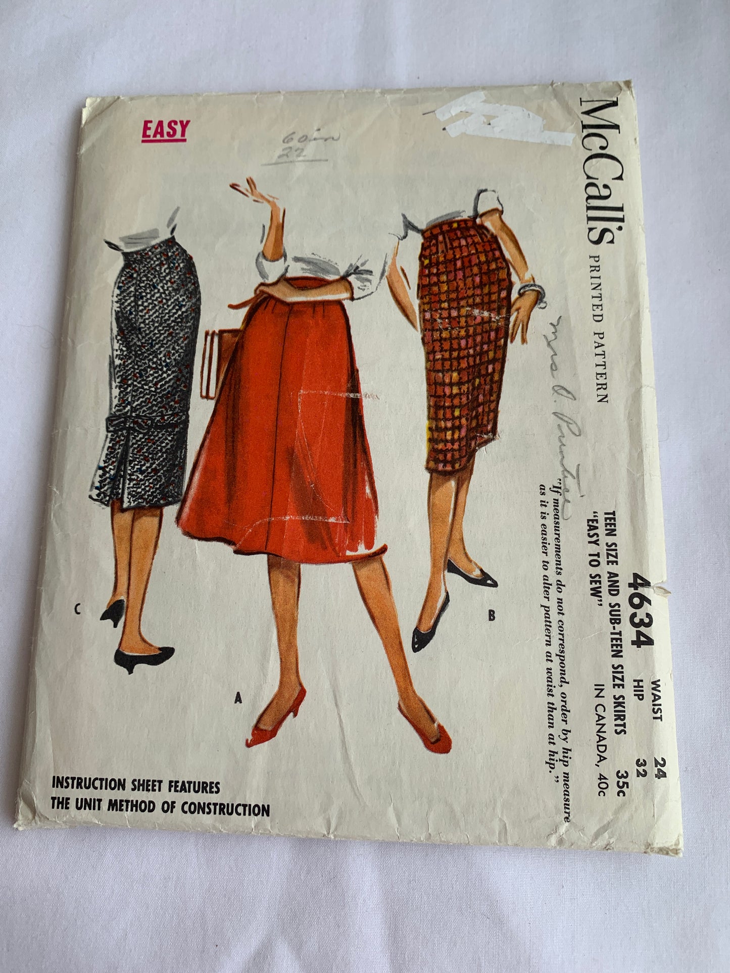 McCall's Sewing Pattern 4634 Misses' Skirts, Zipper Back, Waistband, 3 Variations, Waist 24 Inches, Cut, Vintage 1958