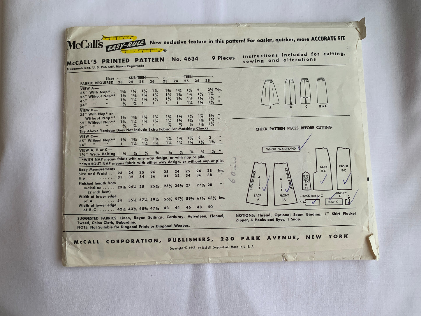 McCall's Sewing Pattern 4634 Misses' Skirts, Zipper Back, Waistband, 3 Variations, Waist 24 Inches, Cut, Vintage 1958