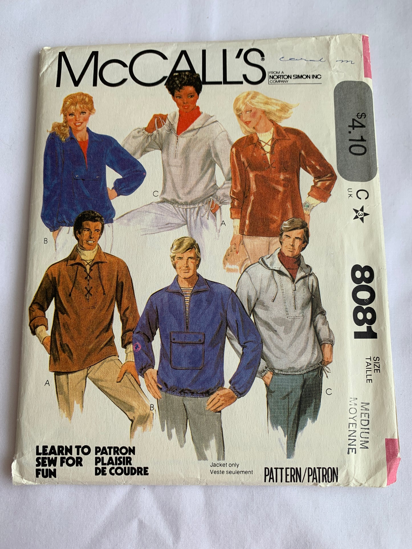 McCall's Sewing Pattern 8081 Misses'/Men's Tops, Drawstrings, Pullover, Pockets, Long Sleeves, Size 36-38, Cut, Vintage 1982