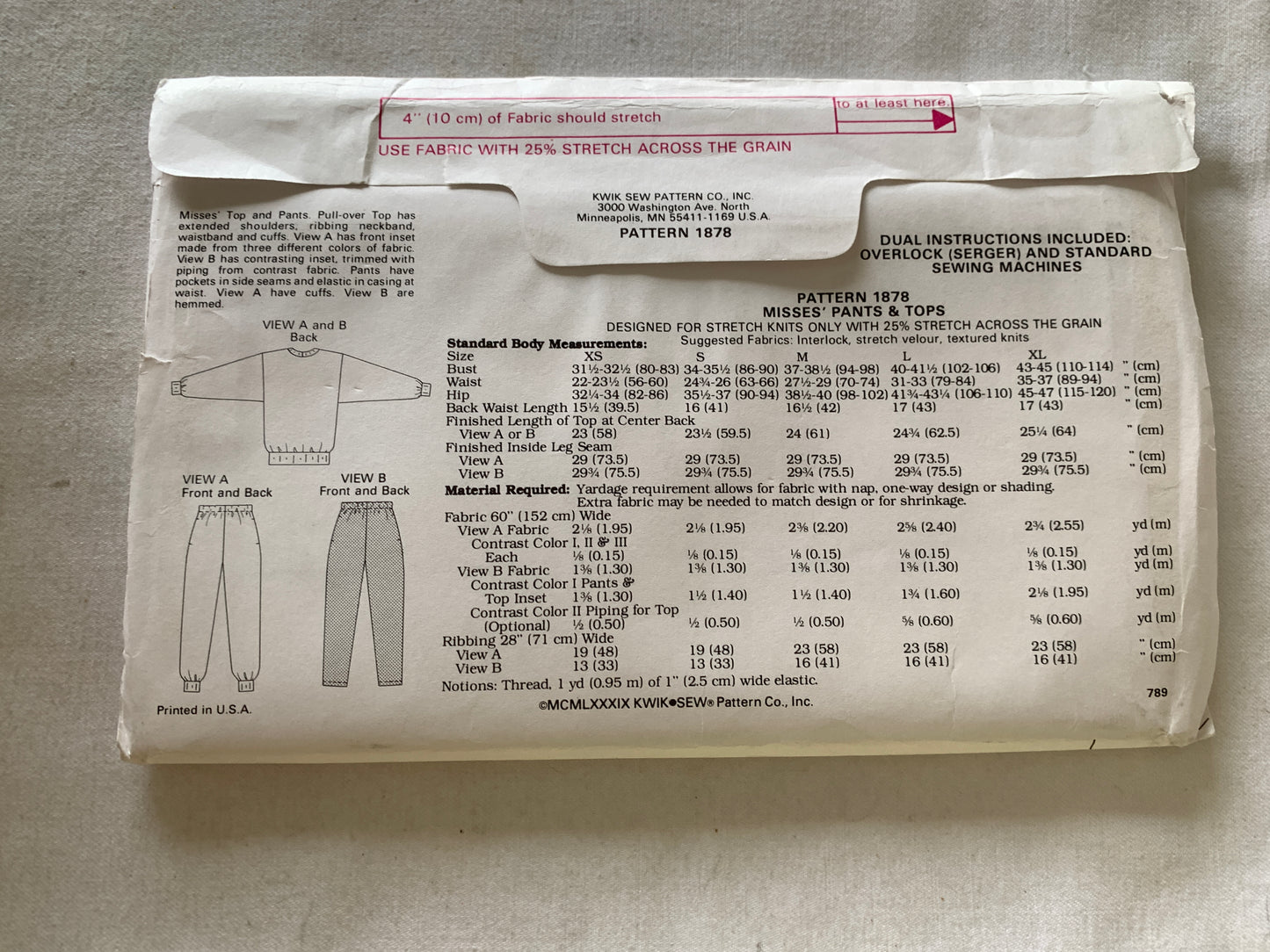 KWIK Sewing Pattern 2057 Misses' Pants, Tops, Elastic Waist, Pullover, Pockets, Extended Shoulders, Size 31-45, Uncut, Vintage 1980