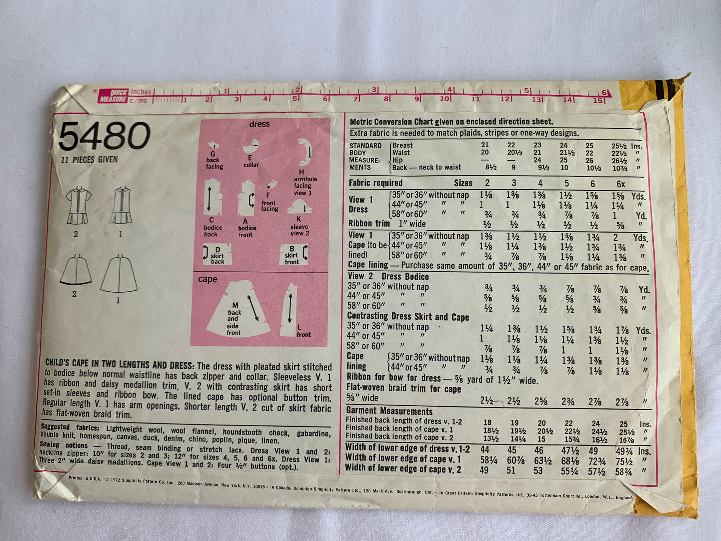 Simplicity Sewing Pattern 5480 Girls' Dress, Cape, Two Lengths, Zipper Back, Sleeveless, Size 4, Cut, Vintage 1972