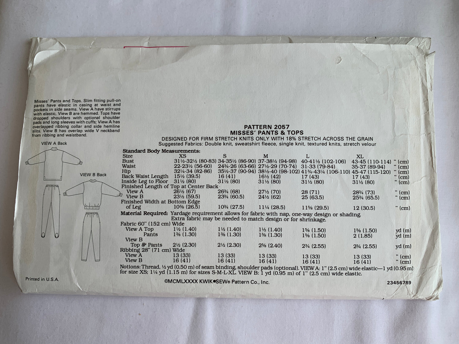 KWIK Sewing Pattern 2057 Misses' Pants, Tops, Jogging Suit, Dropped Shoulders, Elastic Waist, Size 31-45, Uncut, Vintage 1980