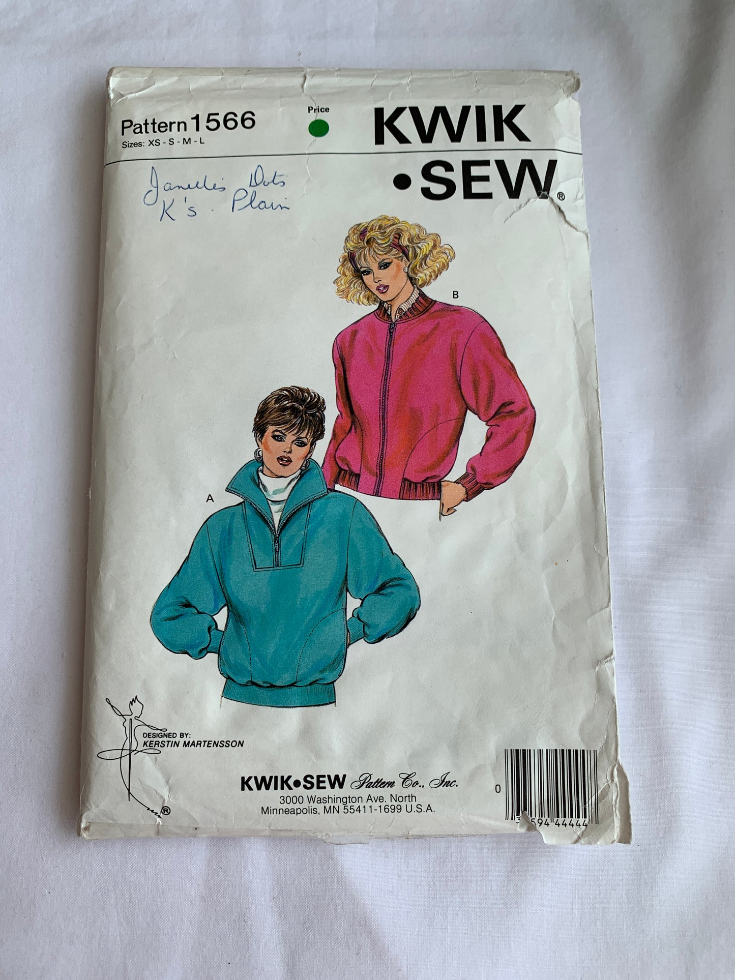 KWIK Sewing Pattern 1566 Misses' Jackets, Zipper Front, Long Sleeves, Pockets, Size XS-L, Uncut, Vintage 1986