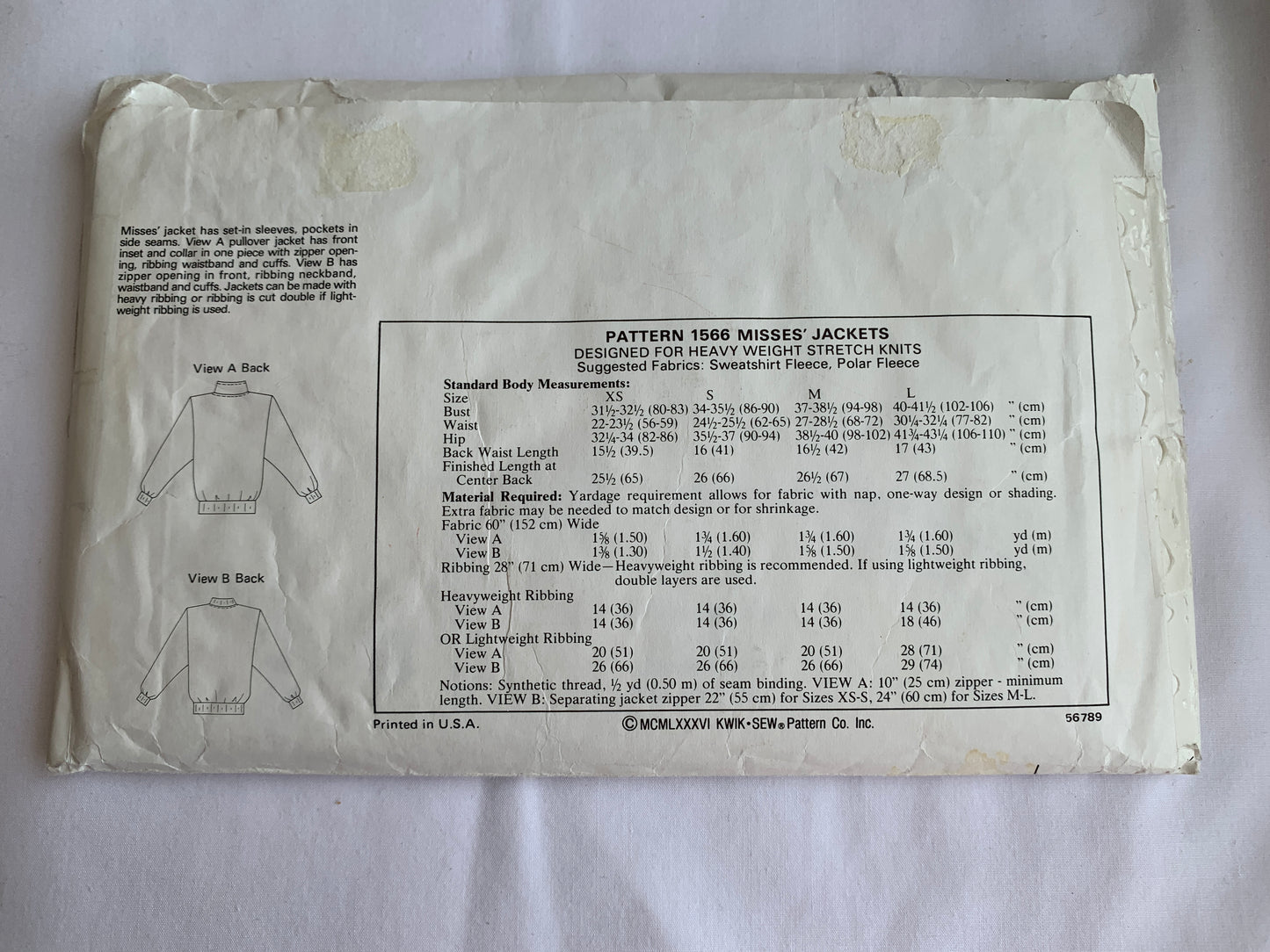 KWIK Sewing Pattern 1566 Misses' Jackets, Zipper Front, Long Sleeves, Pockets, Size XS-L, Uncut, Vintage 1986