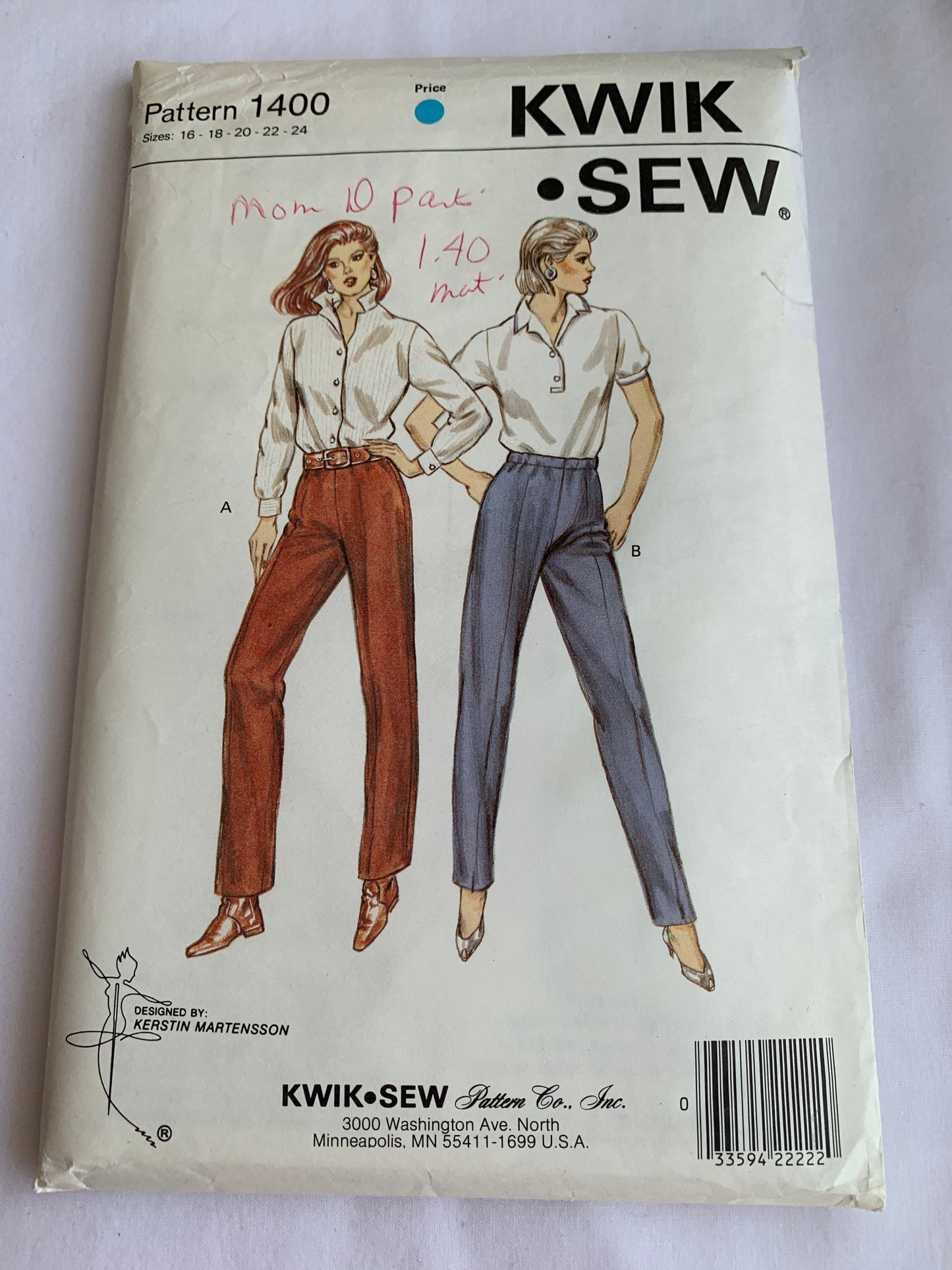 KWIK Sewing Pattern 1400 Misses' Pants, Trousers, Pull-On, Elastic Waist, Size 16-24, Uncut, Vintage 1984