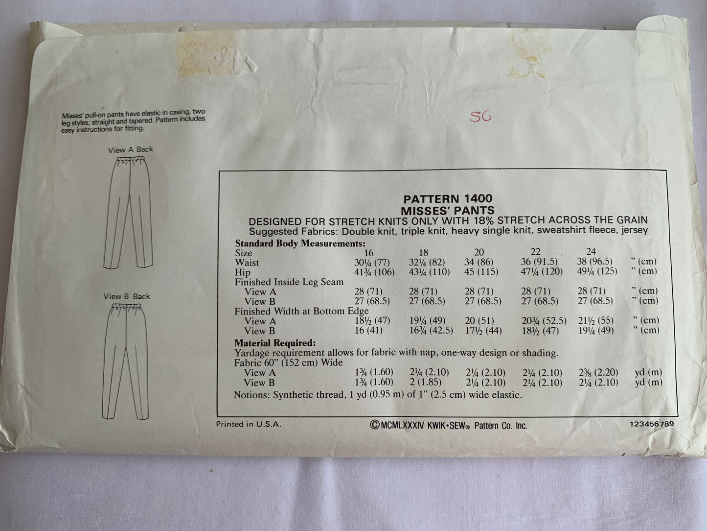KWIK Sewing Pattern 1400 Misses' Pants, Trousers, Pull-On, Elastic Waist, Size 16-24, Uncut, Vintage 1984