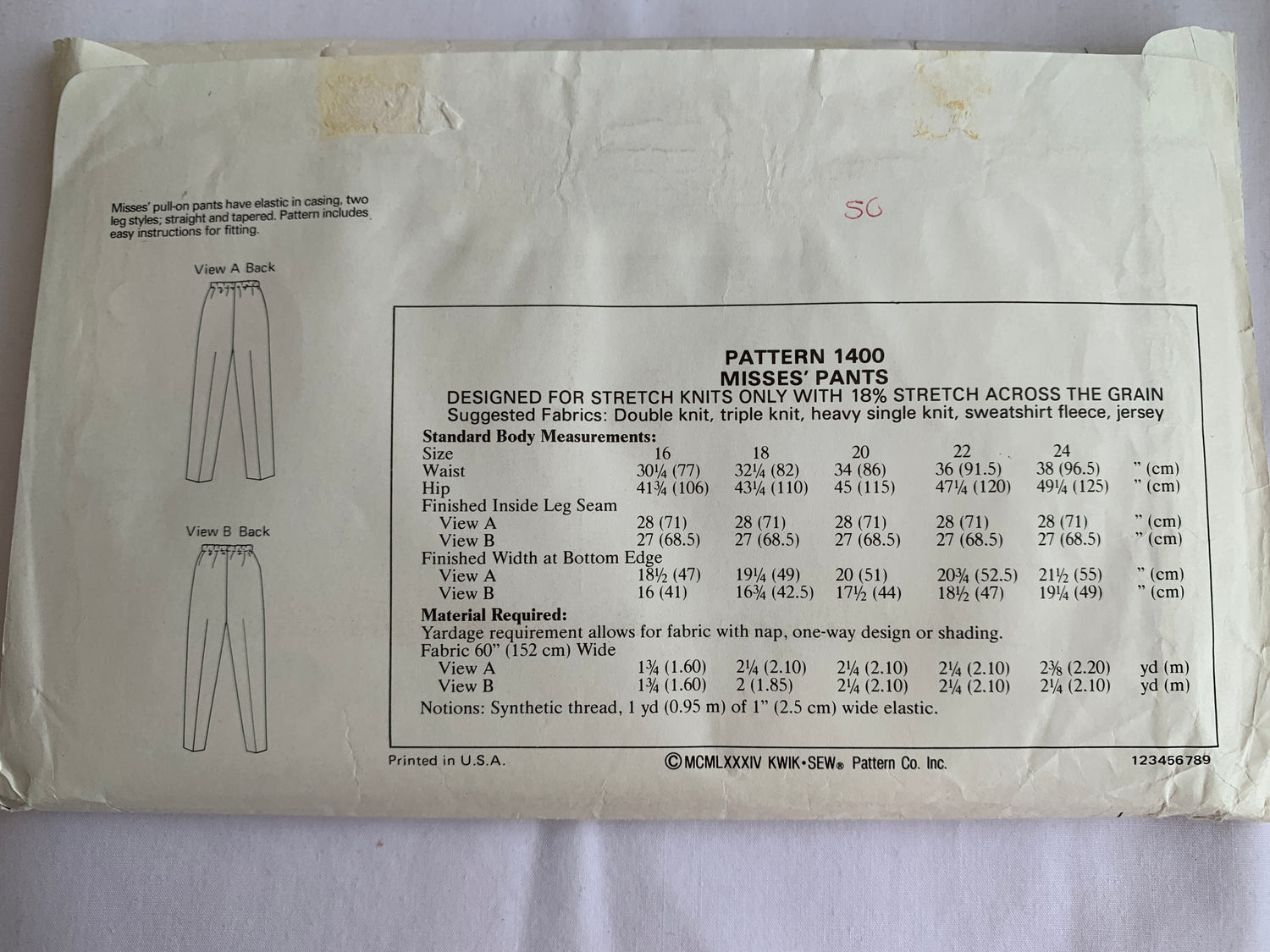 KWIK Sewing Pattern 1400 Misses' Pants, Trousers, Pull-On, Elastic Waist, Size 16-24, Uncut, Vintage 1984