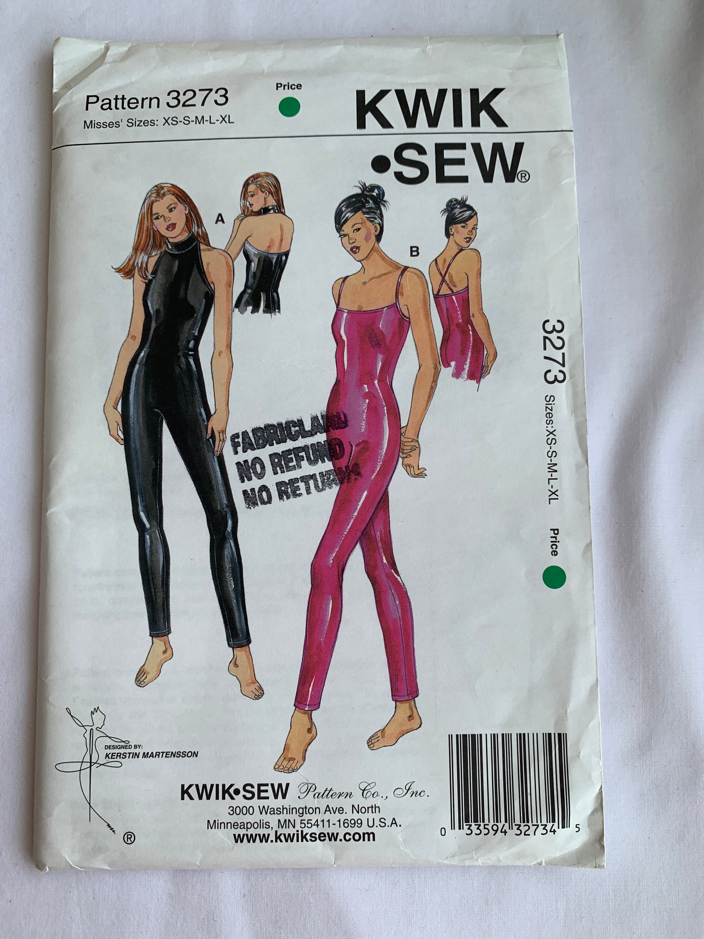 KWIK Sewing Pattern 3273 Misses' Unitard, Close Fitting, Shoulder Straps, Size XS-XL, Uncut, 2004