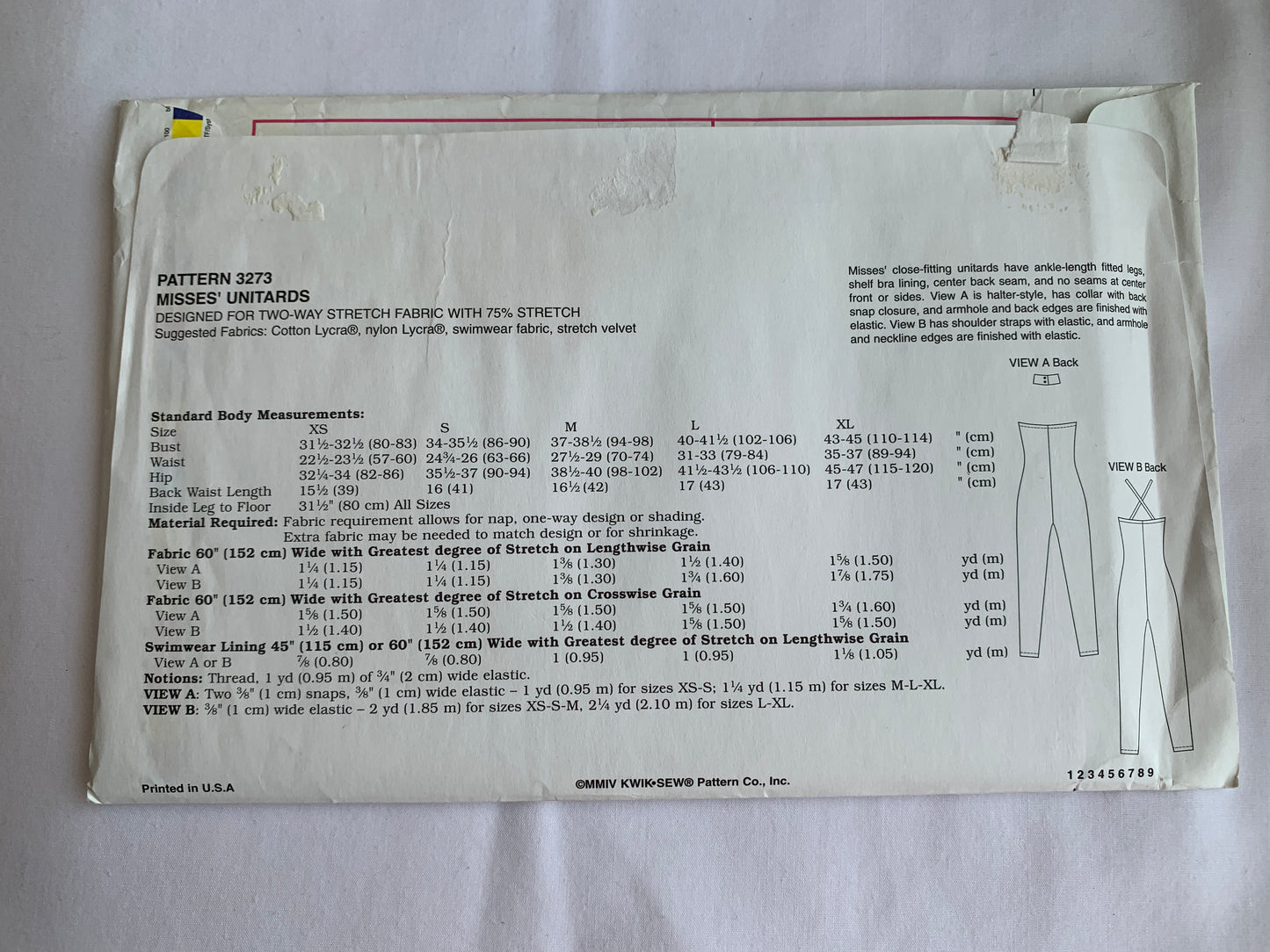 KWIK Sewing Pattern 3273 Misses' Unitard, Close Fitting, Shoulder Straps, Size XS-XL, Uncut, 2004