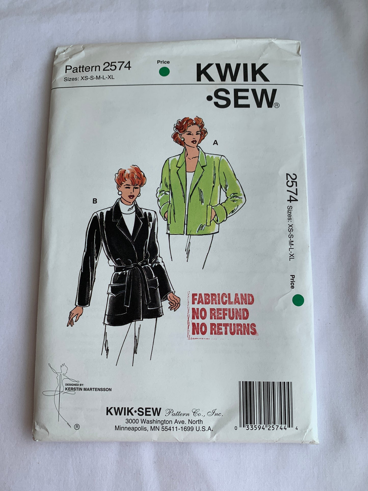 KWIK Sewing Pattern 2574 Misses' Jackets, Pockets, Collar, Shoulder Pads, Unlined, Belt, Long Sleeves, Size XS-XL, Uncut, 2000