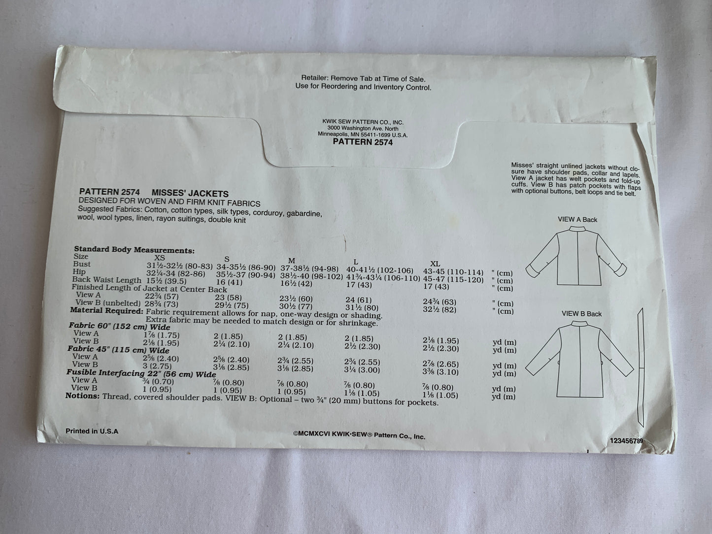 KWIK Sewing Pattern 2574 Misses' Jackets, Pockets, Collar, Shoulder Pads, Unlined, Belt, Long Sleeves, Size XS-XL, Uncut, 2000