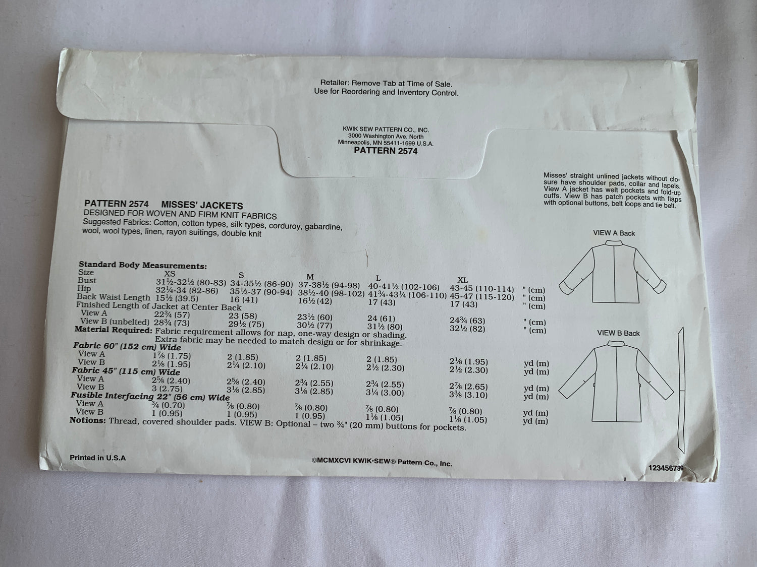 KWIK Sewing Pattern 2574 Misses' Jackets, Pockets, Collar, Shoulder Pads, Unlined, Belt, Long Sleeves, Size XS-XL, Uncut, 2000