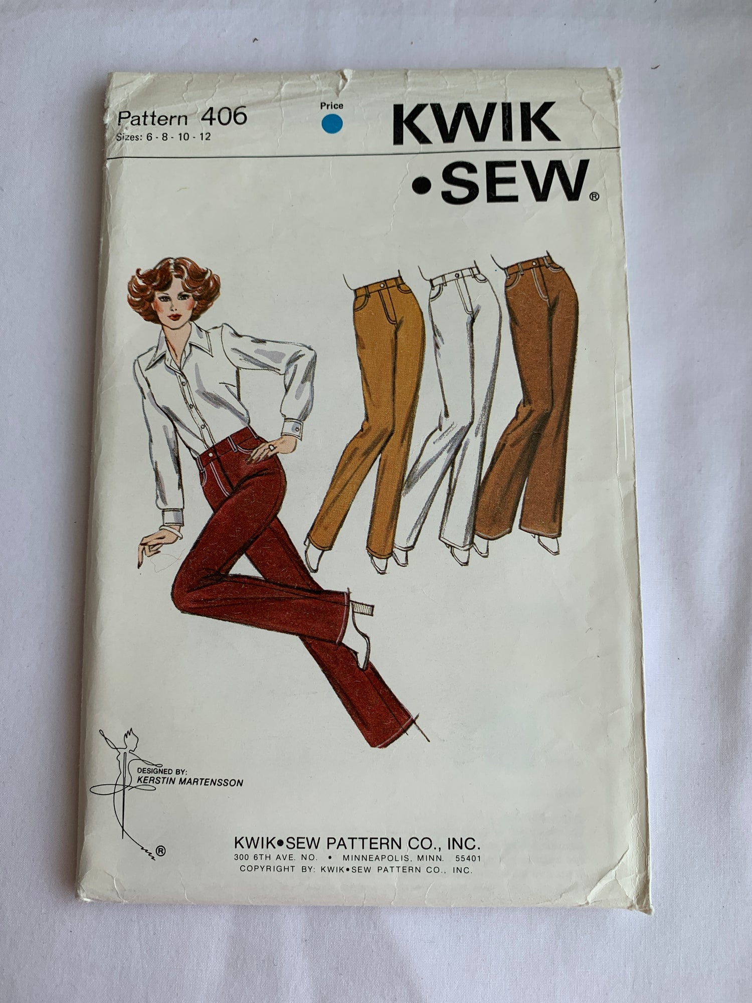 KWIK Sewing Pattern 406 Misses' Pants, Jeans, Fly Zipper, Belt Carriers, Pockets, 3 Variations, Size 6-12, Uncut, Vintage, 1989