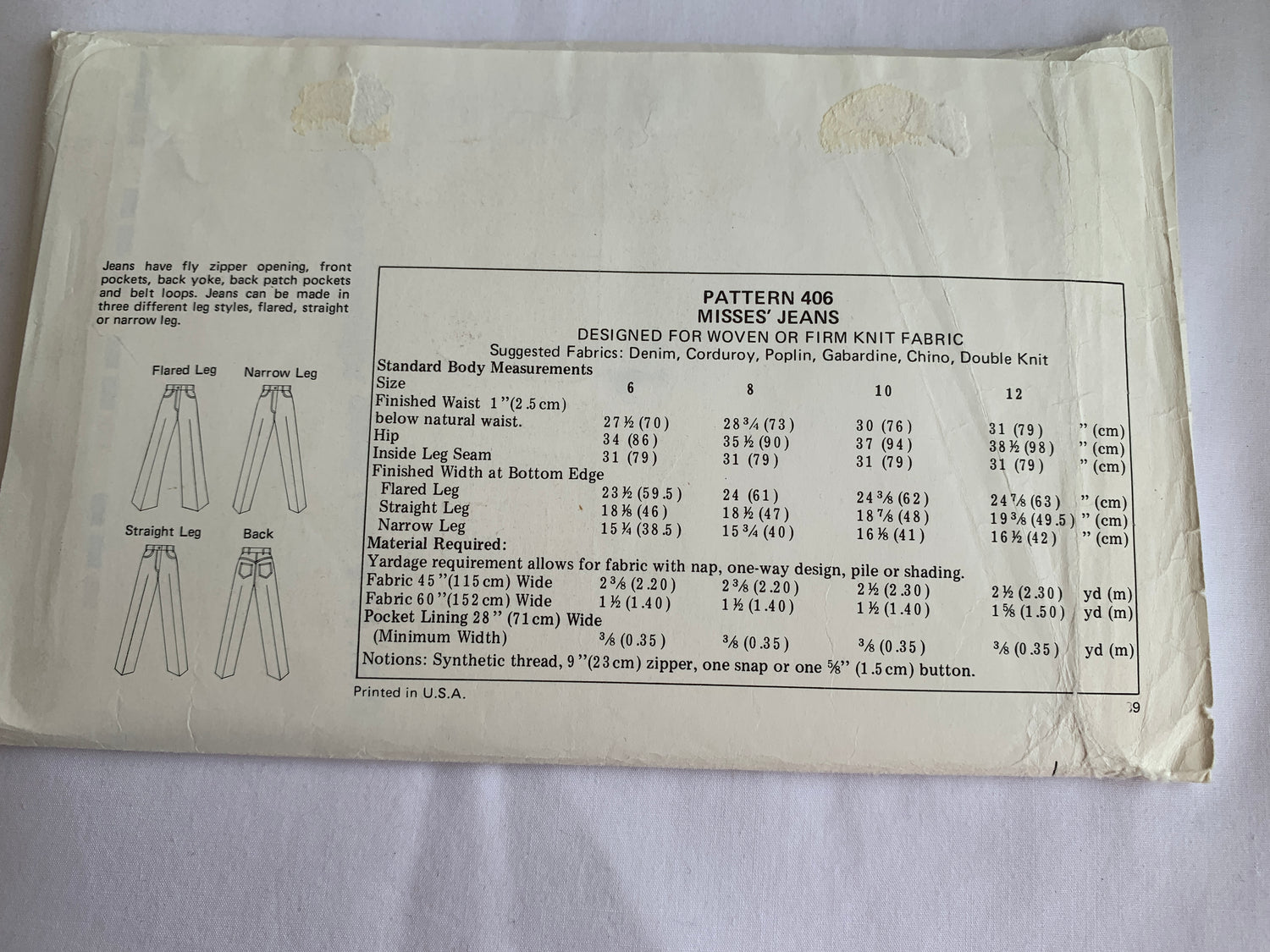 KWIK Sewing Pattern 406 Misses' Pants, Jeans, Fly Zipper, Belt Carriers, Pockets, 3 Variations, Size 6-12, Uncut, Vintage, 1989