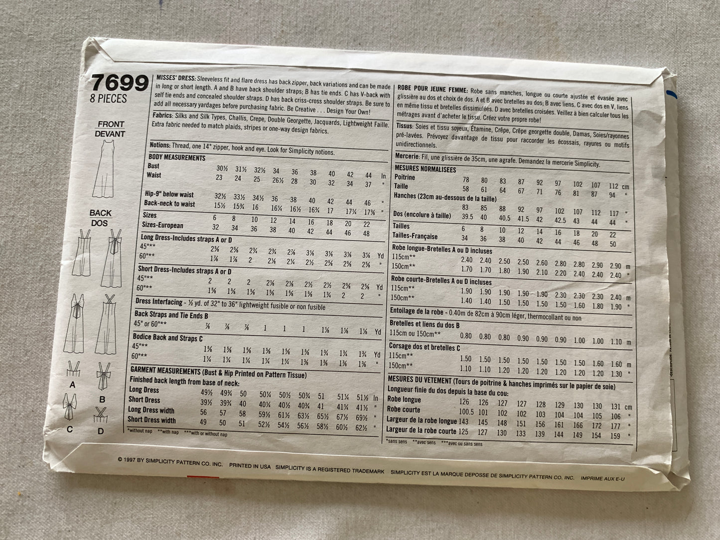 Simplicity Sewing Pattern 7699 Misses' Dress, Shoulder Straps, 9 Variations, Zipper Back, Size 12-16, Uncut, Vintage 1997