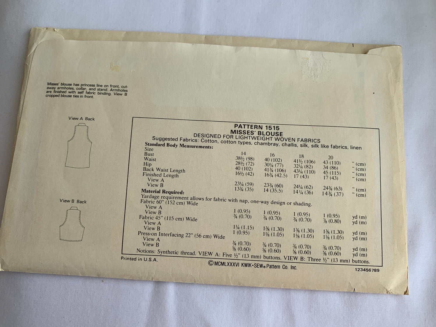 KWIK Sewing Pattern 1515 Misses' Blouses, Princess Line, Collar, Sleeveless, Button Front, Size 14-20, Shirt, Top, Uncut, Vintage 1987
