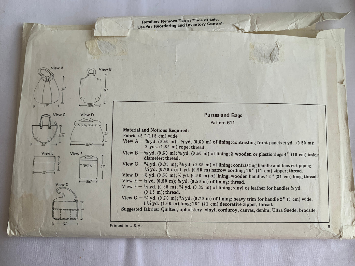 Kwik Sewing Pattern 611 Crafts, Purses, Bags, 7 Variations, Uncut, Vintage 1970