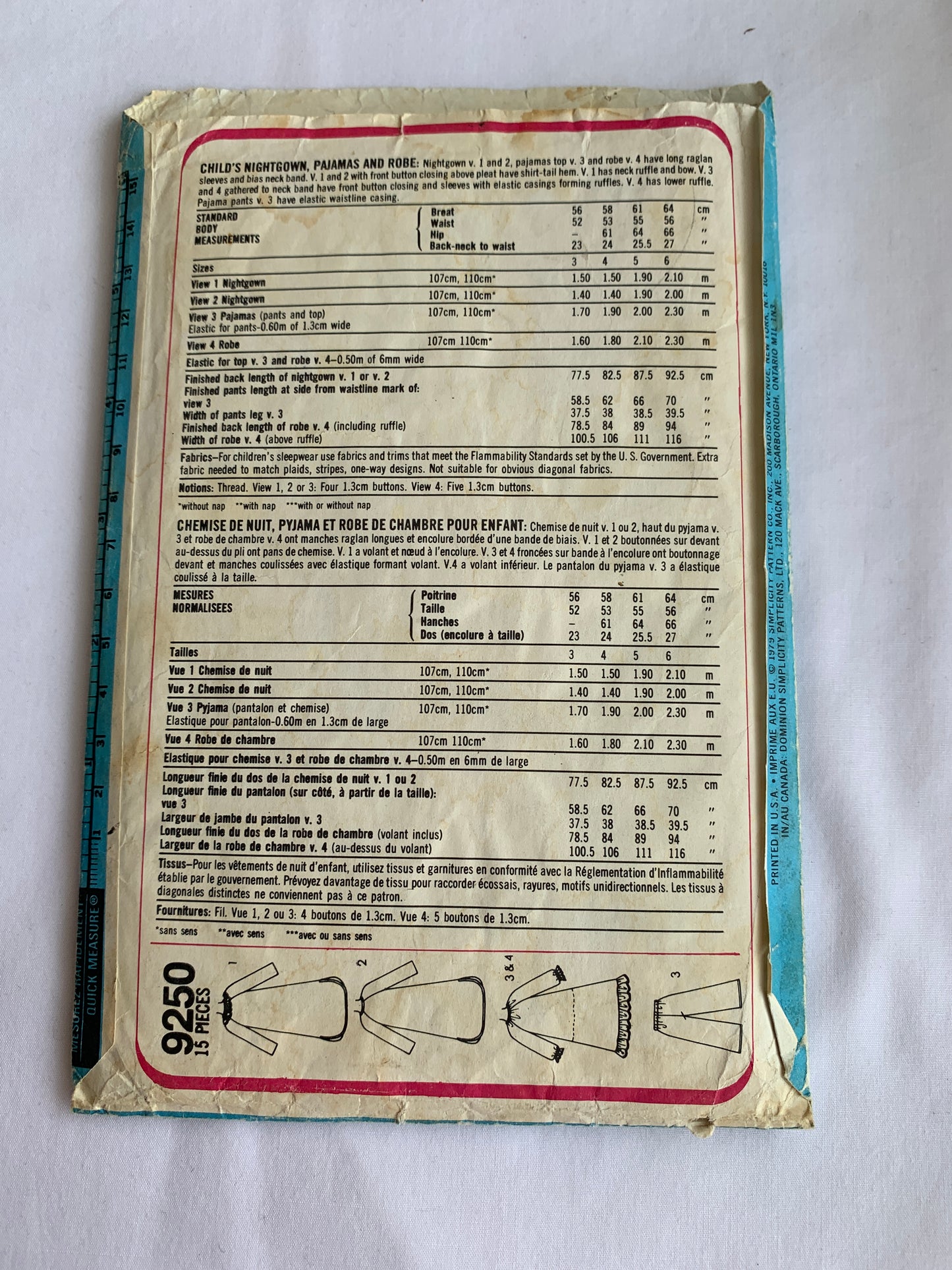 Simplicity Sewing Pattern 9250 Girls' Sleepwear, Housecoat, Pajamas, Robe, Top, Pants, Long Sleeves, Pockets, Button Front, Ruffle, Size 3, Uncut, Vintage 1979