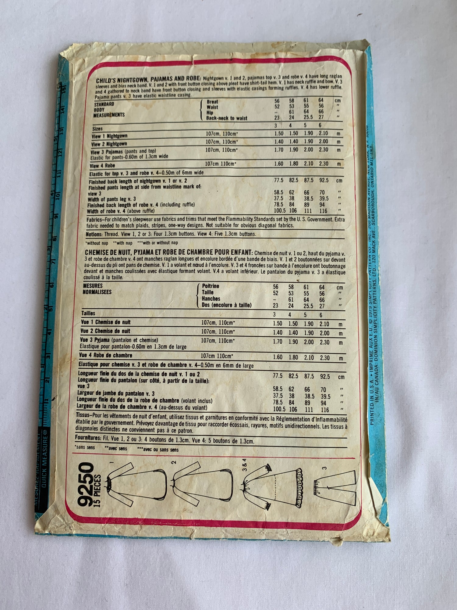 Simplicity Sewing Pattern 9250 Girls' Sleepwear, Housecoat, Pajamas, Robe, Top, Pants, Long Sleeves, Pockets, Button Front, Ruffle, Size 3, Uncut, Vintage 1979