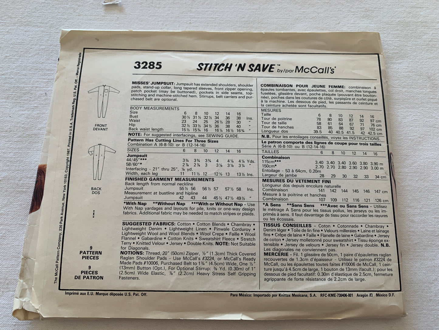 McCall's Sewing Pattern Stitch 'N Save 3285 Misses' Jumpsuit, Pockets, Shoulder Pads, Front Zipper, Stirrups, Size 6-10, Uncut, Vintage 1987
