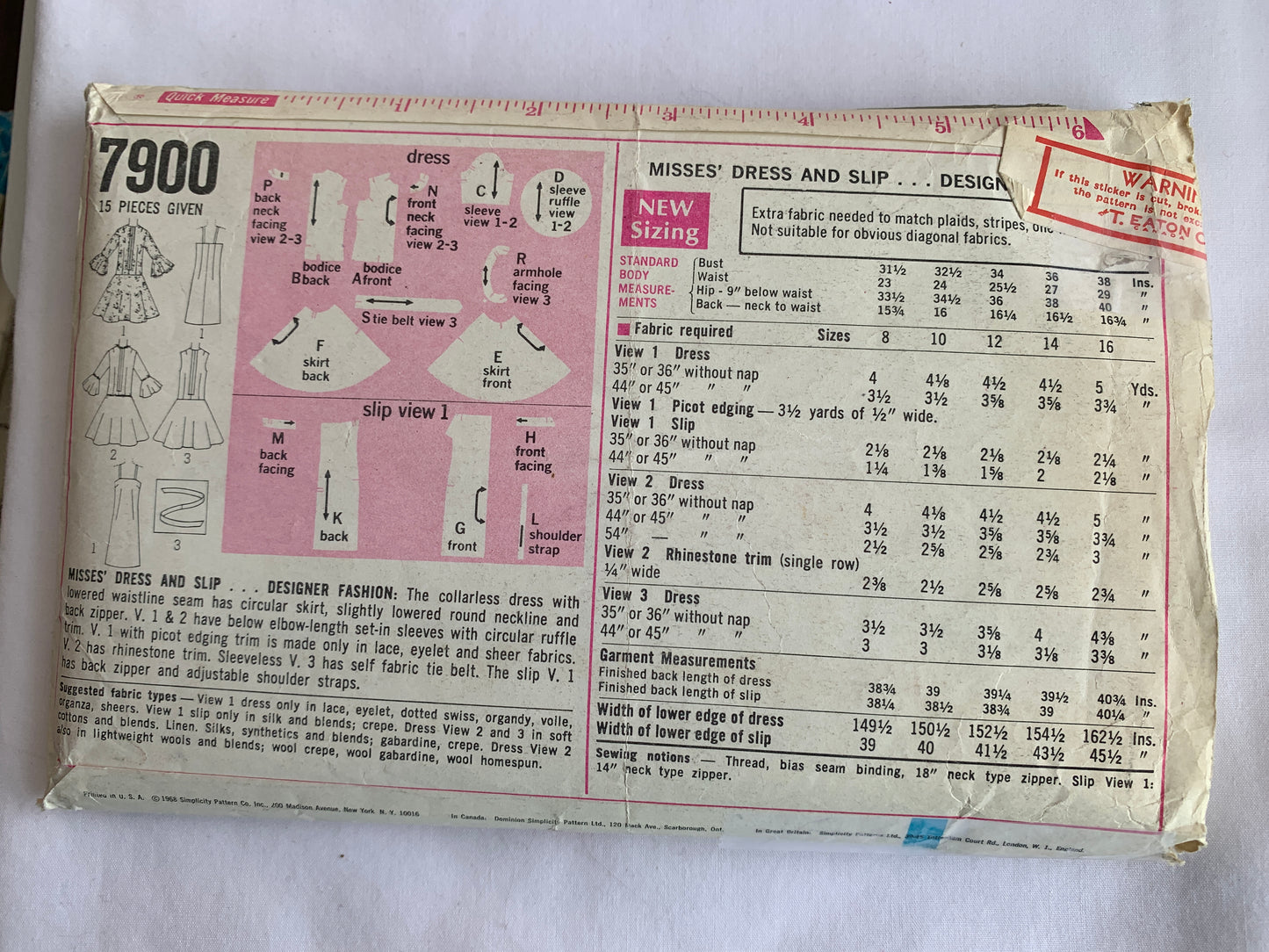 Simplicity Sewing Pattern 7900 Misses' Dress, Slip, Low Waist, Round Neckline, Zipper Back, Long Sleeves, Sleeveless, Size 16, Cut, Vintage 1968