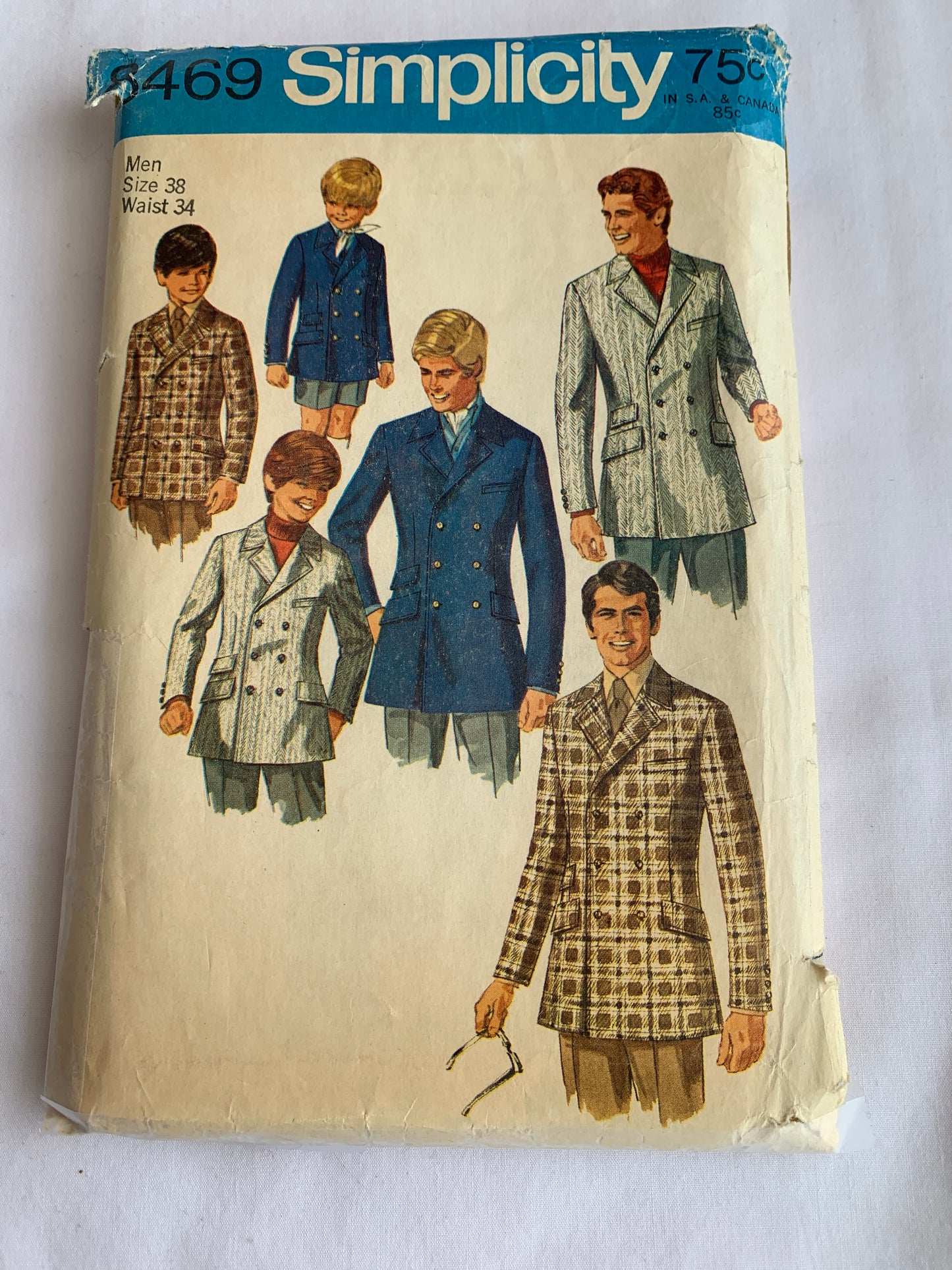 Simplicity Sewing Pattern 8469 Men's Double Breasted Fitted Jacket, Long Sleeves, Pockets, Size 38, Cut, Vintage 1969